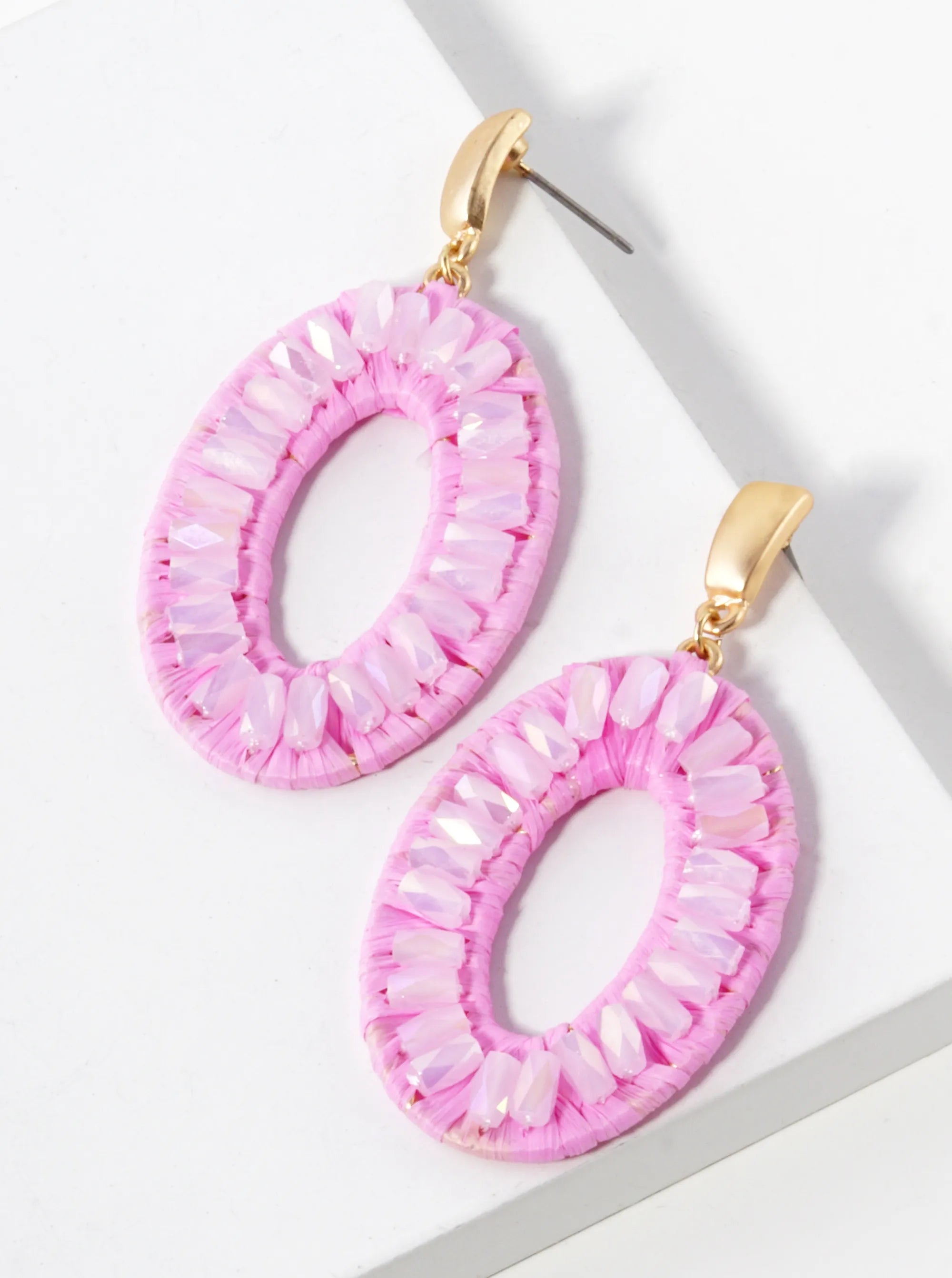 Glass Bead Raffia Wrapped Oval Drop Dangle Post Earrings