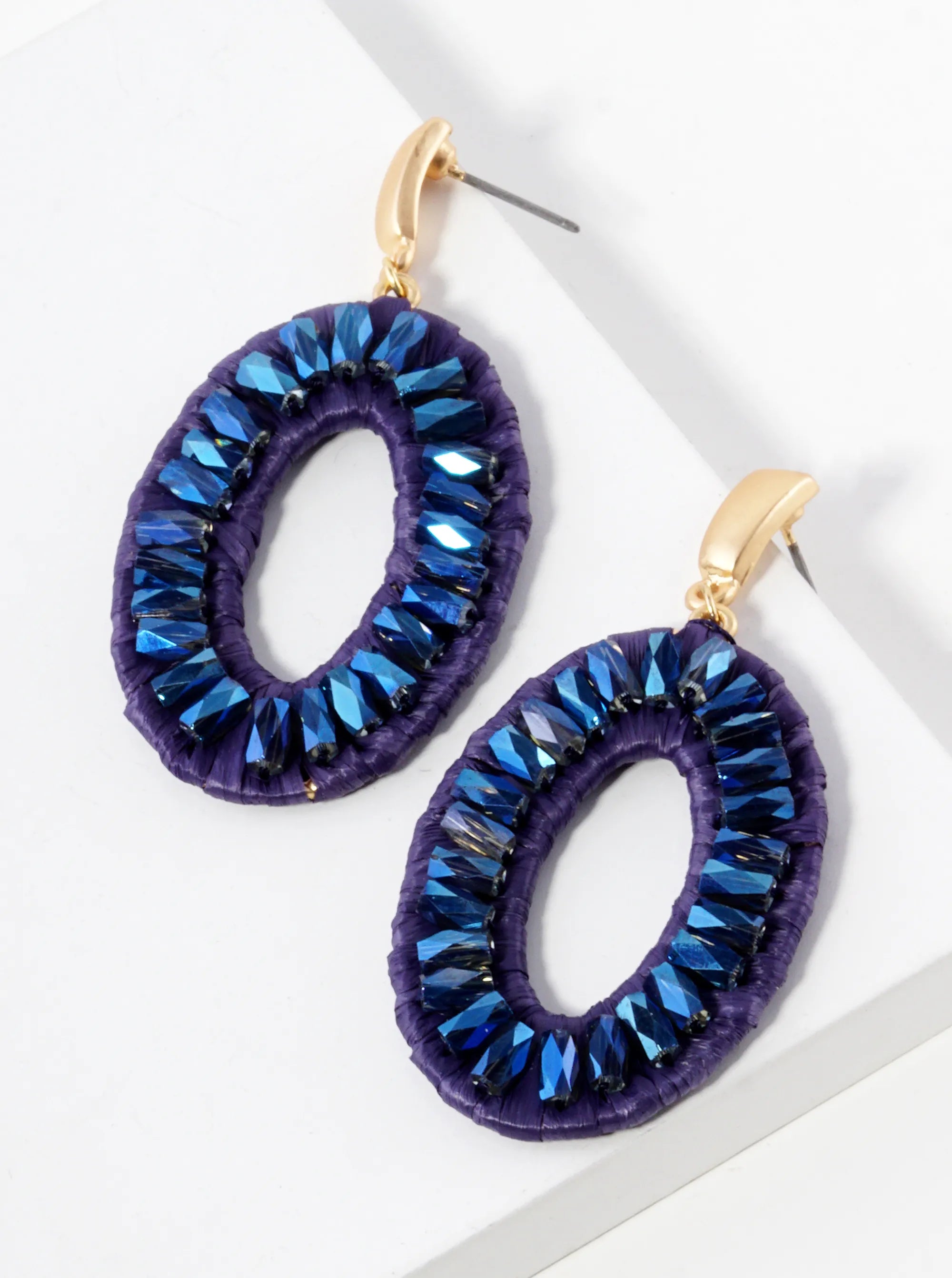 Glass Bead Raffia Wrapped Oval Drop Dangle Post Earrings
