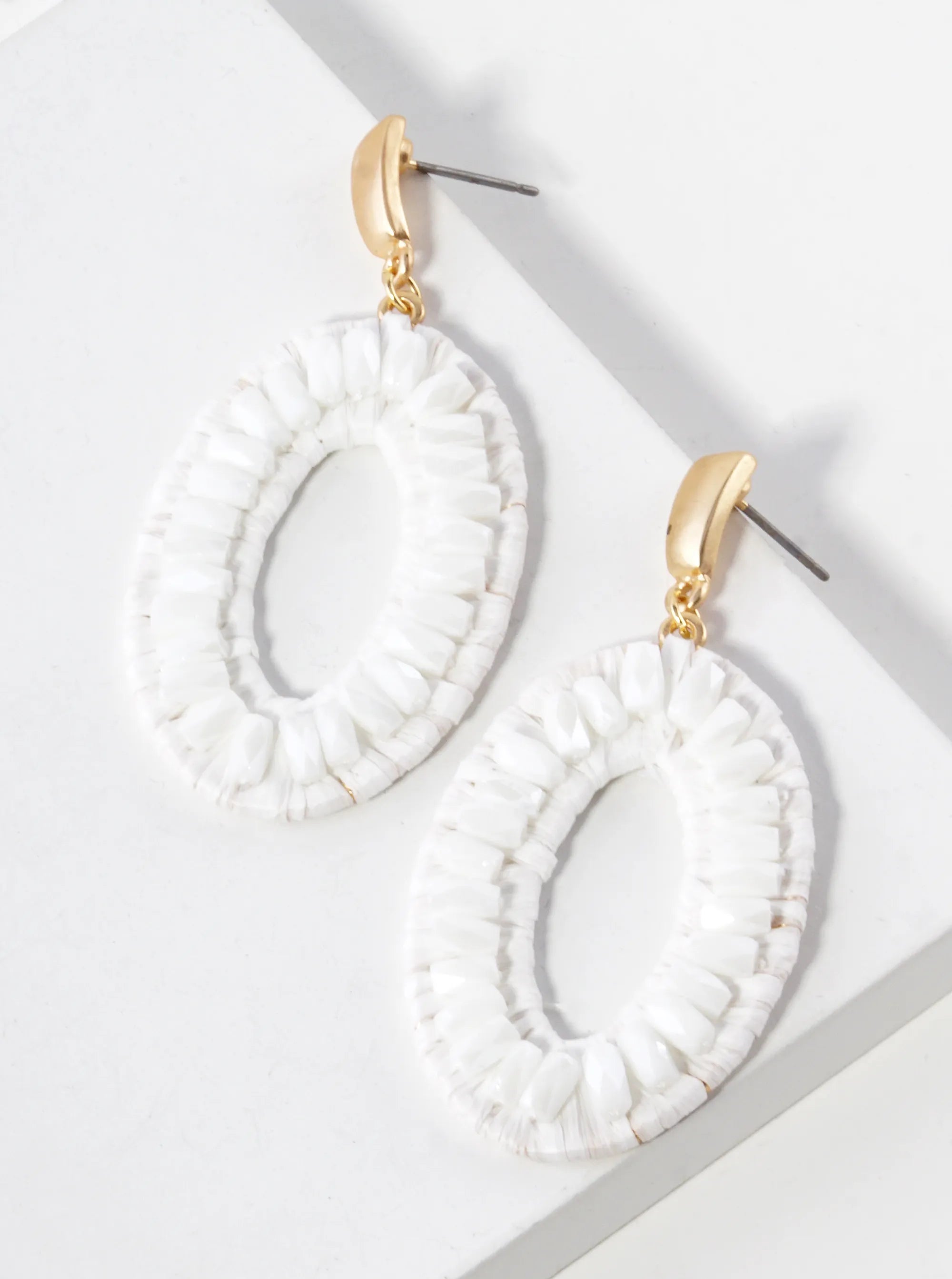 Glass Bead Raffia Wrapped Oval Drop Dangle Post Earrings