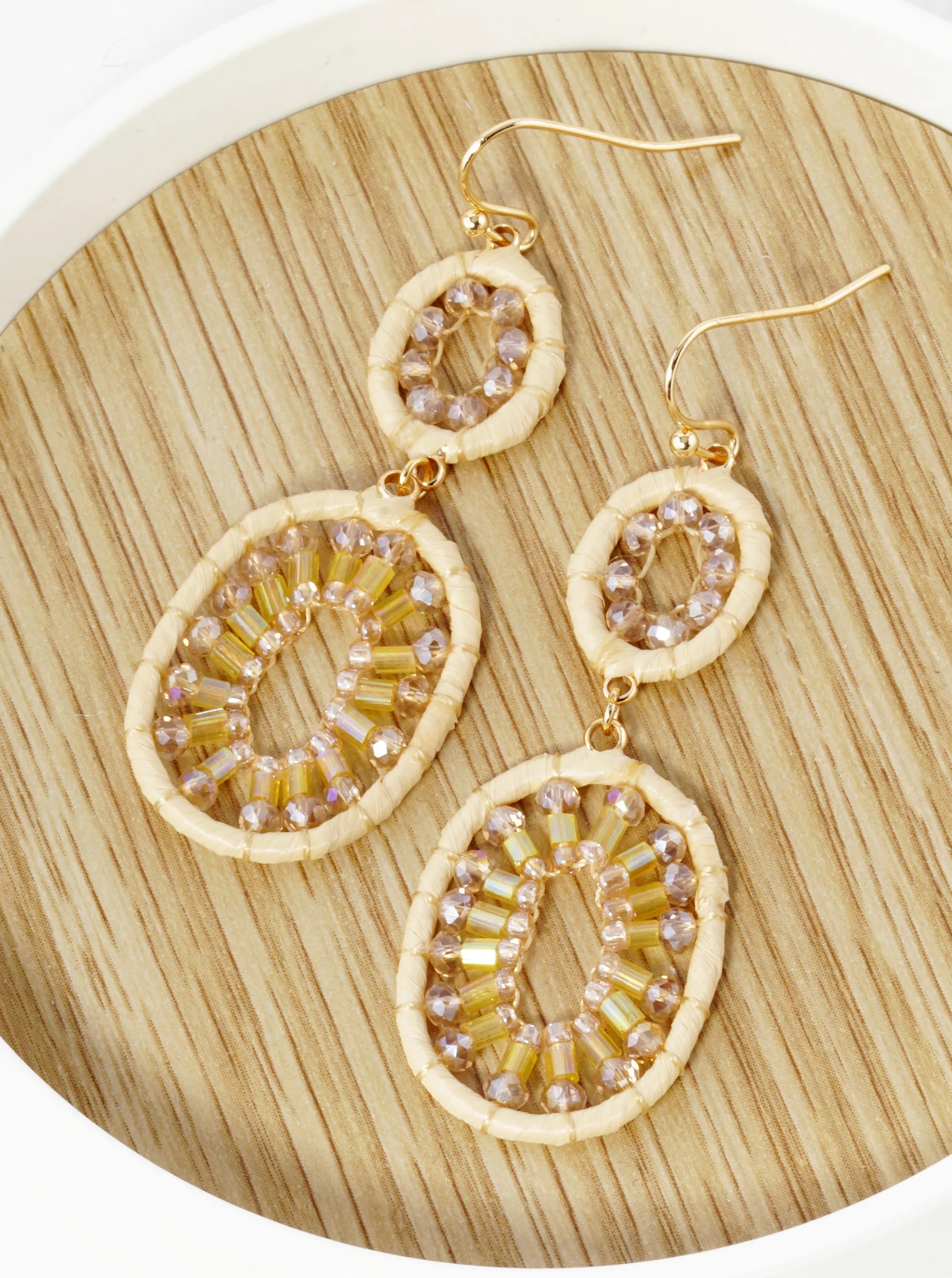 Glass Beaded Raffia Wrapped Double Oval Drop Dangle Earrings