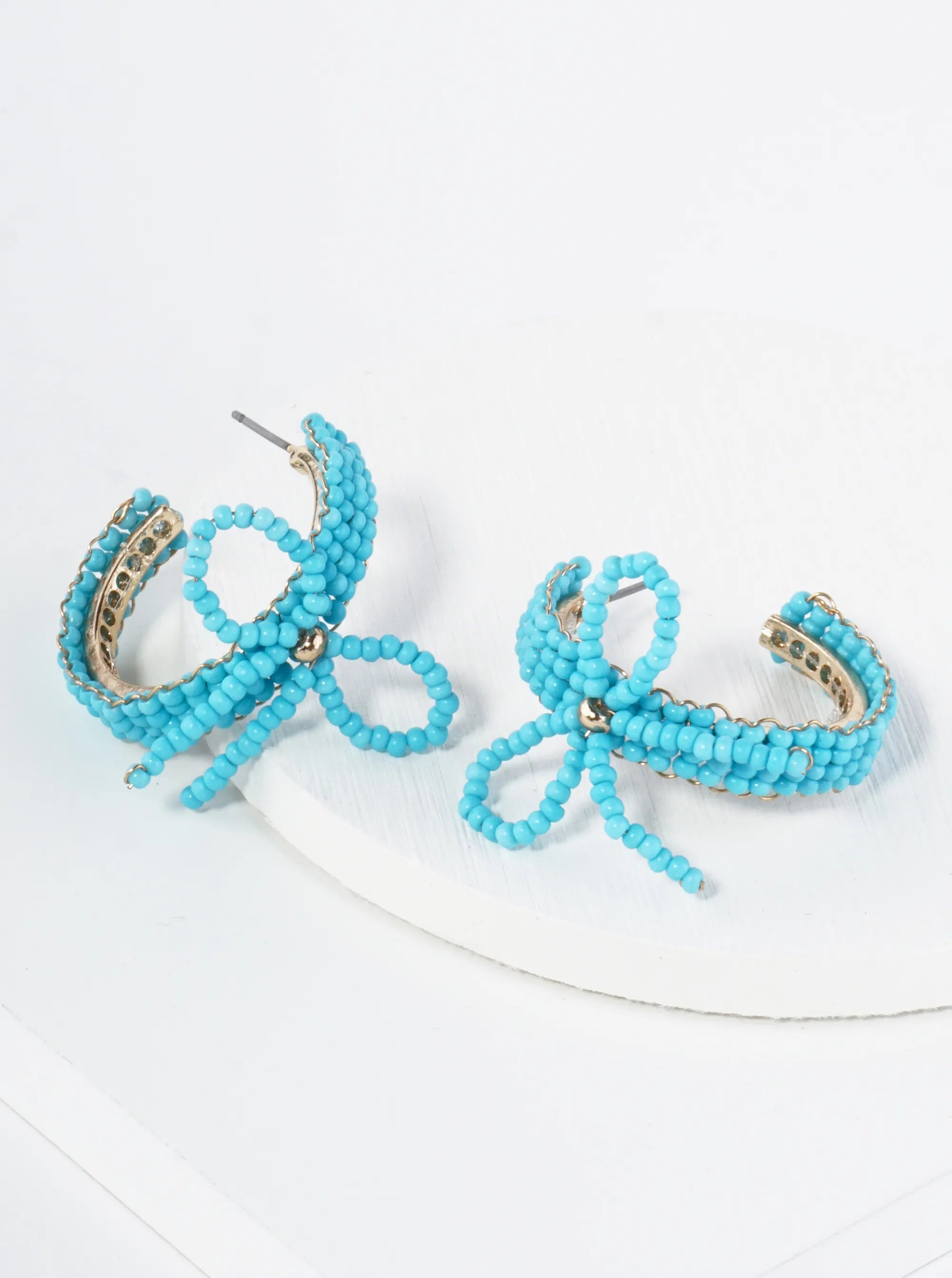 Glass Beaded Ribbon Bow Accent 25mm Open Hoop Earrings