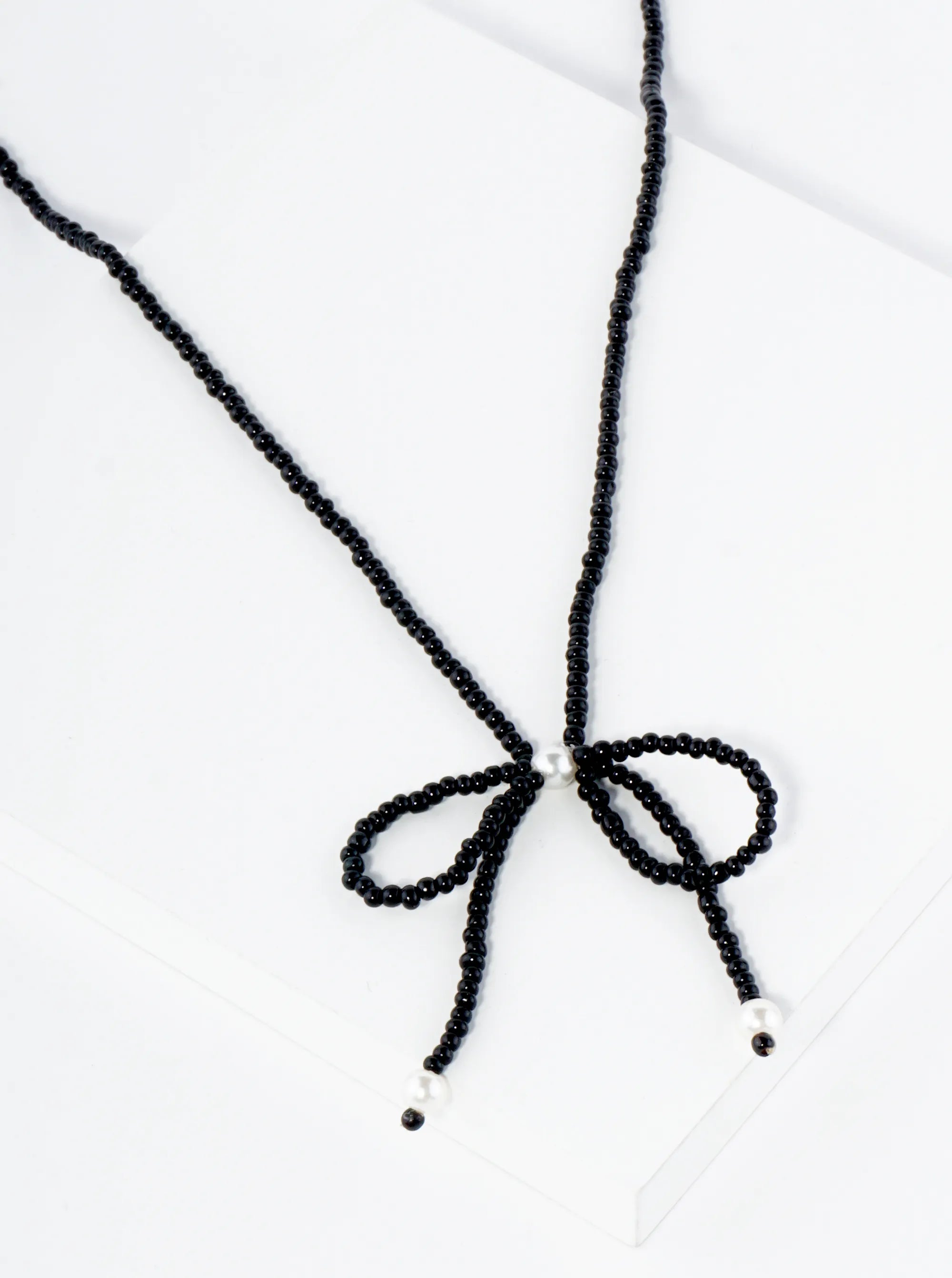 Glass Beaded Ribbon Bow Pendant 16 Inch Necklace