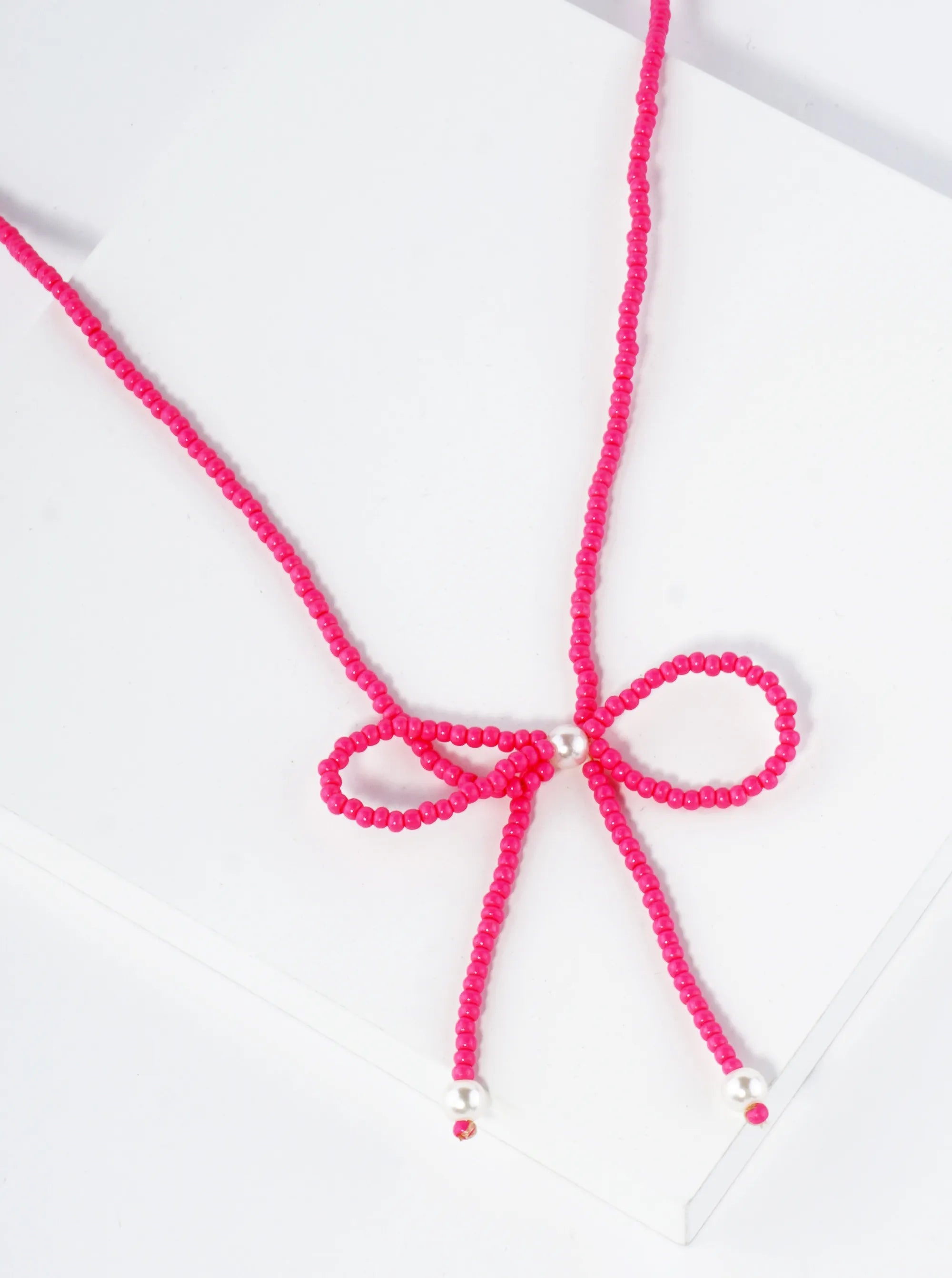 Glass Beaded Ribbon Bow Pendant 16 Inch Necklace