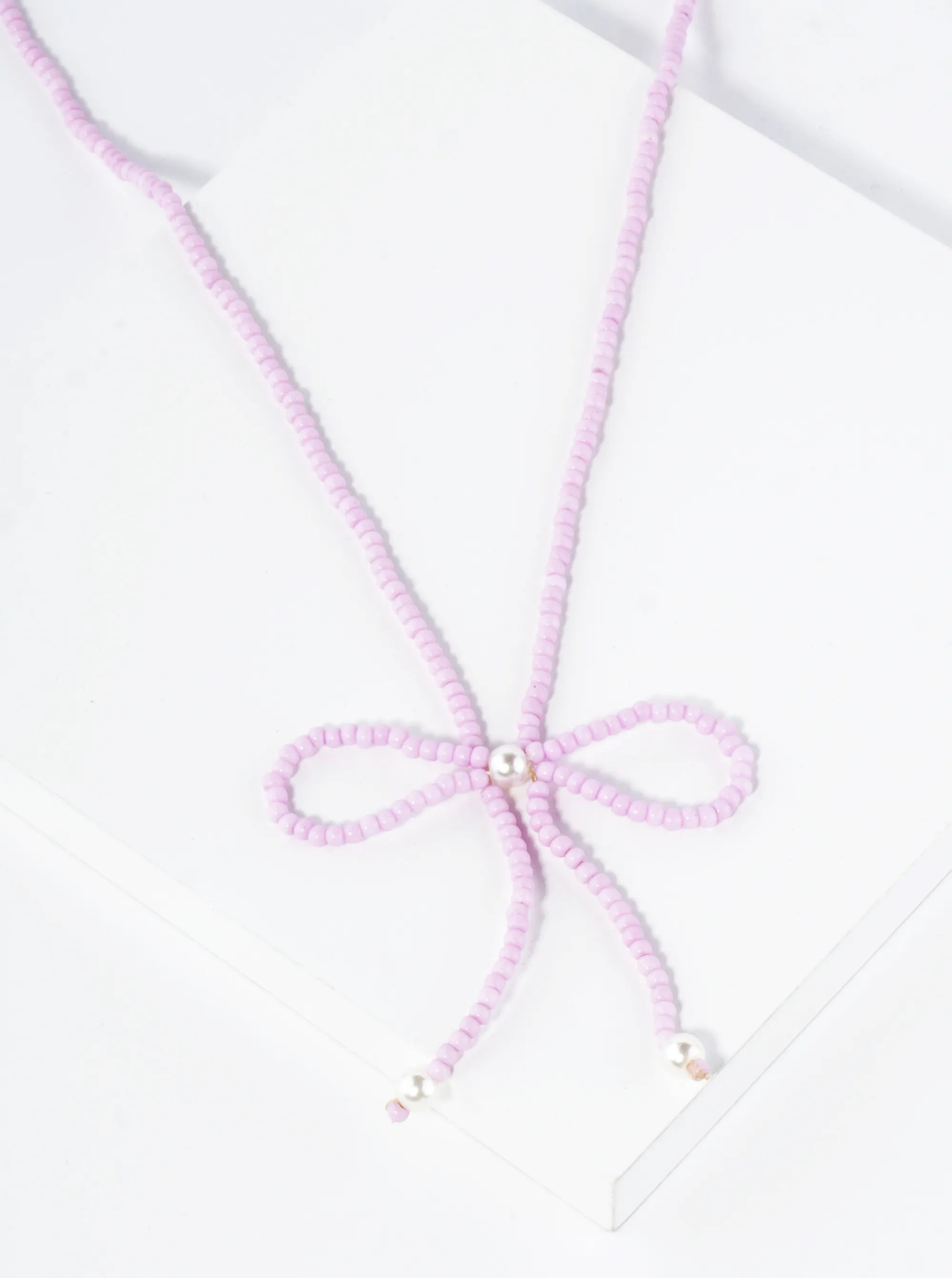 Glass Beaded Ribbon Bow Pendant 16 Inch Necklace