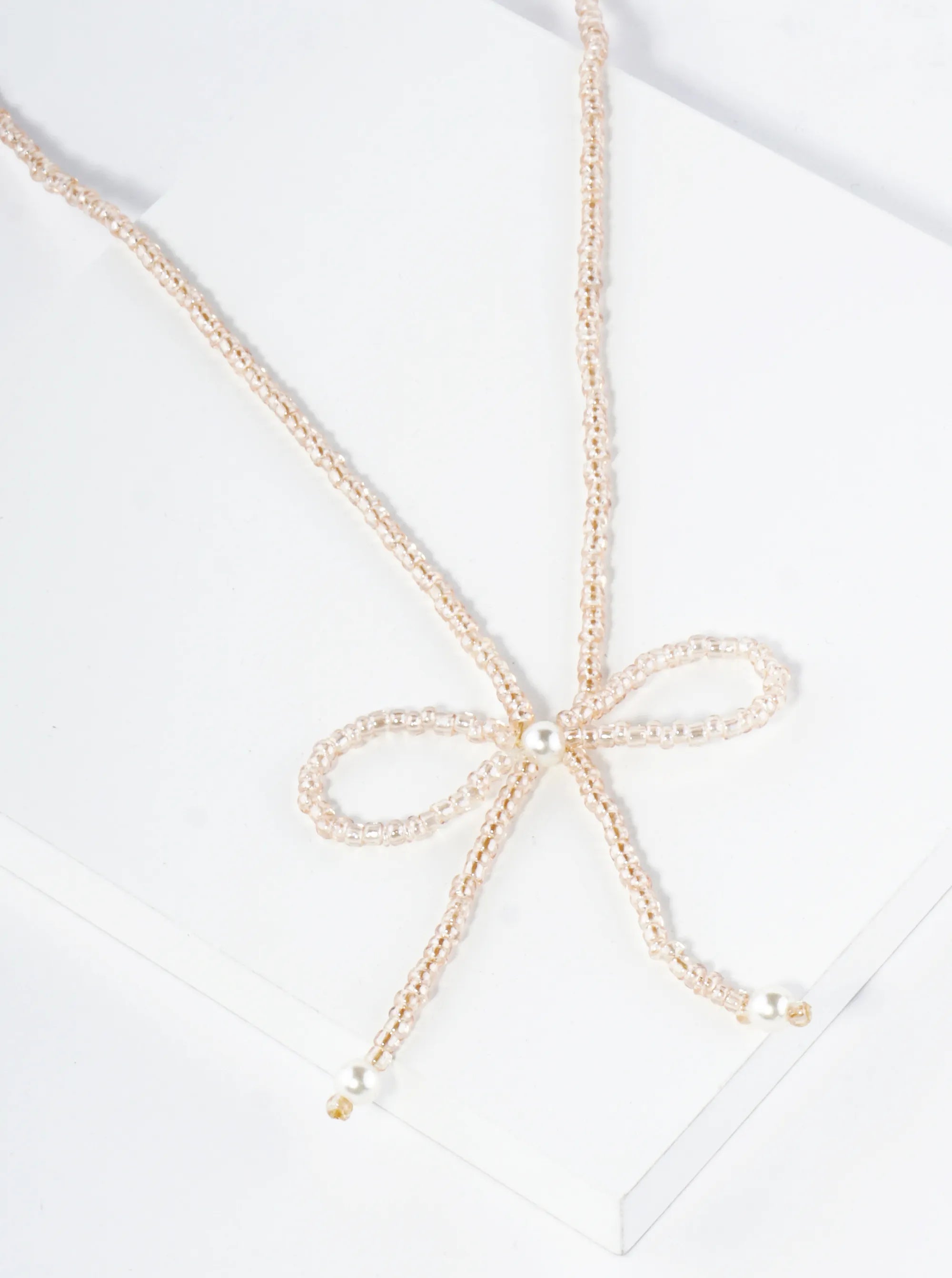 Glass Beaded Ribbon Bow Pendant 16 Inch Necklace