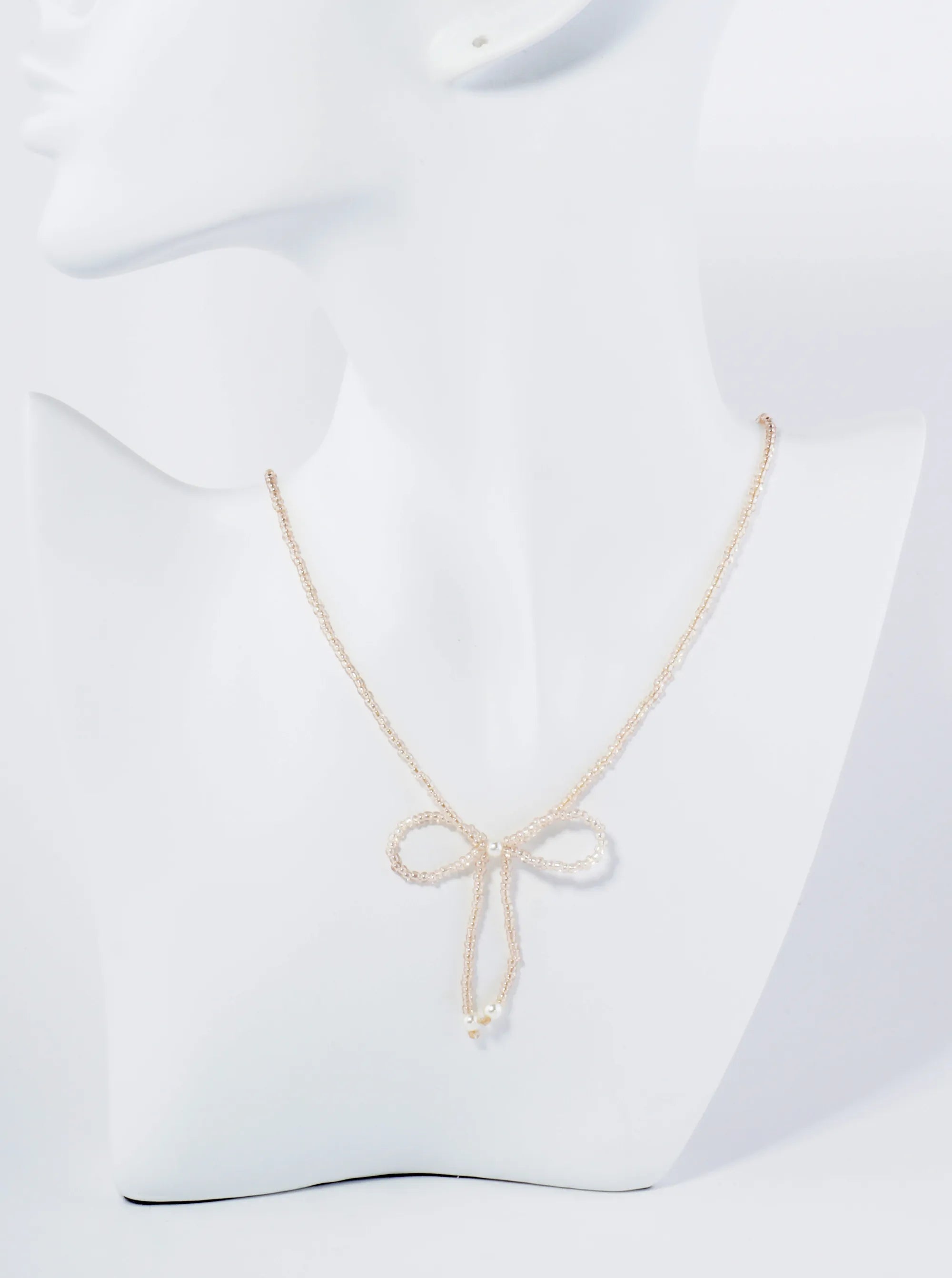 Glass Beaded Ribbon Bow Pendant 16 Inch Necklace
