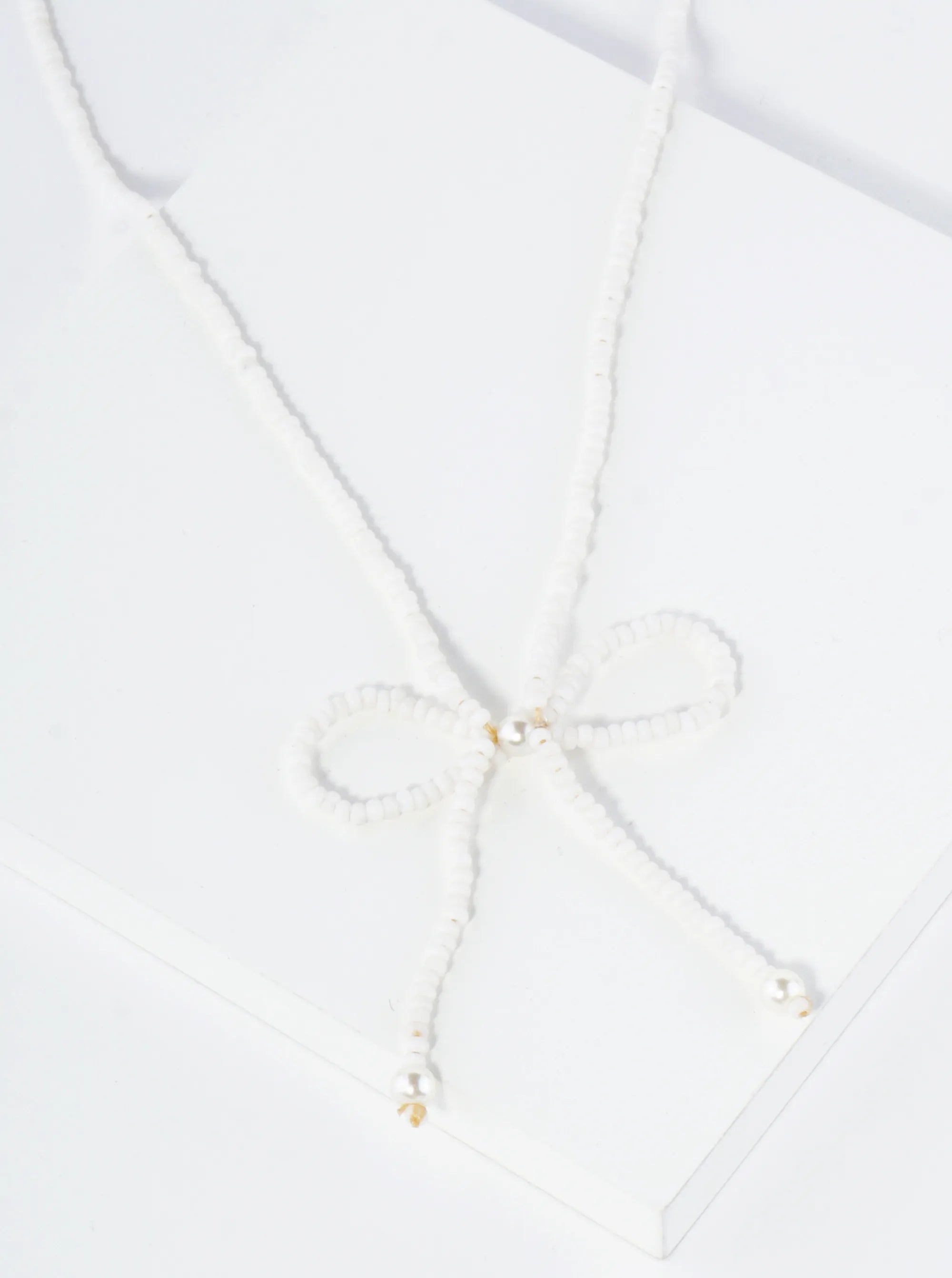 Glass Beaded Ribbon Bow Pendant 16 Inch Necklace
