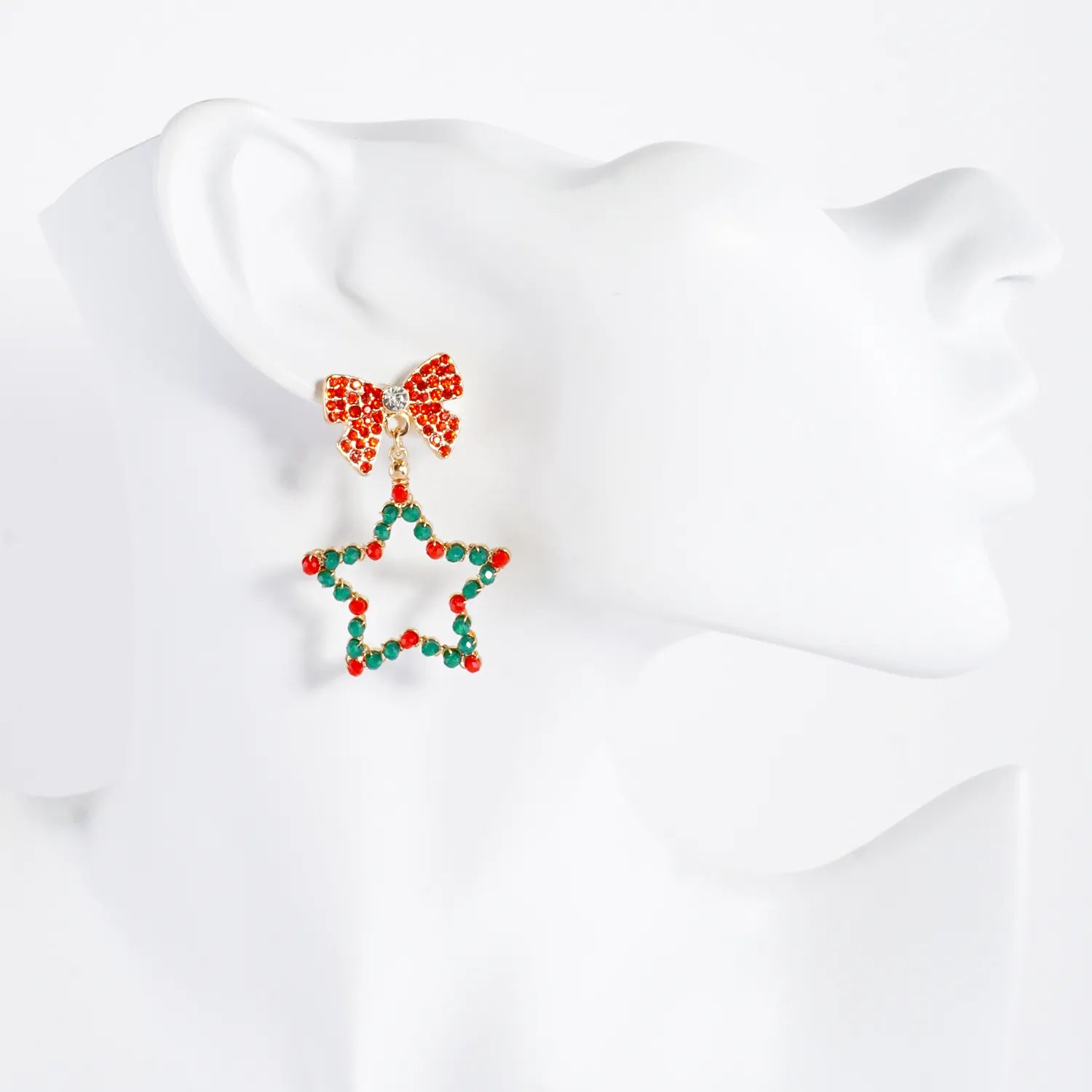 Glass Beaded Star Drop Crystal Pave Bow Christmas Earrings