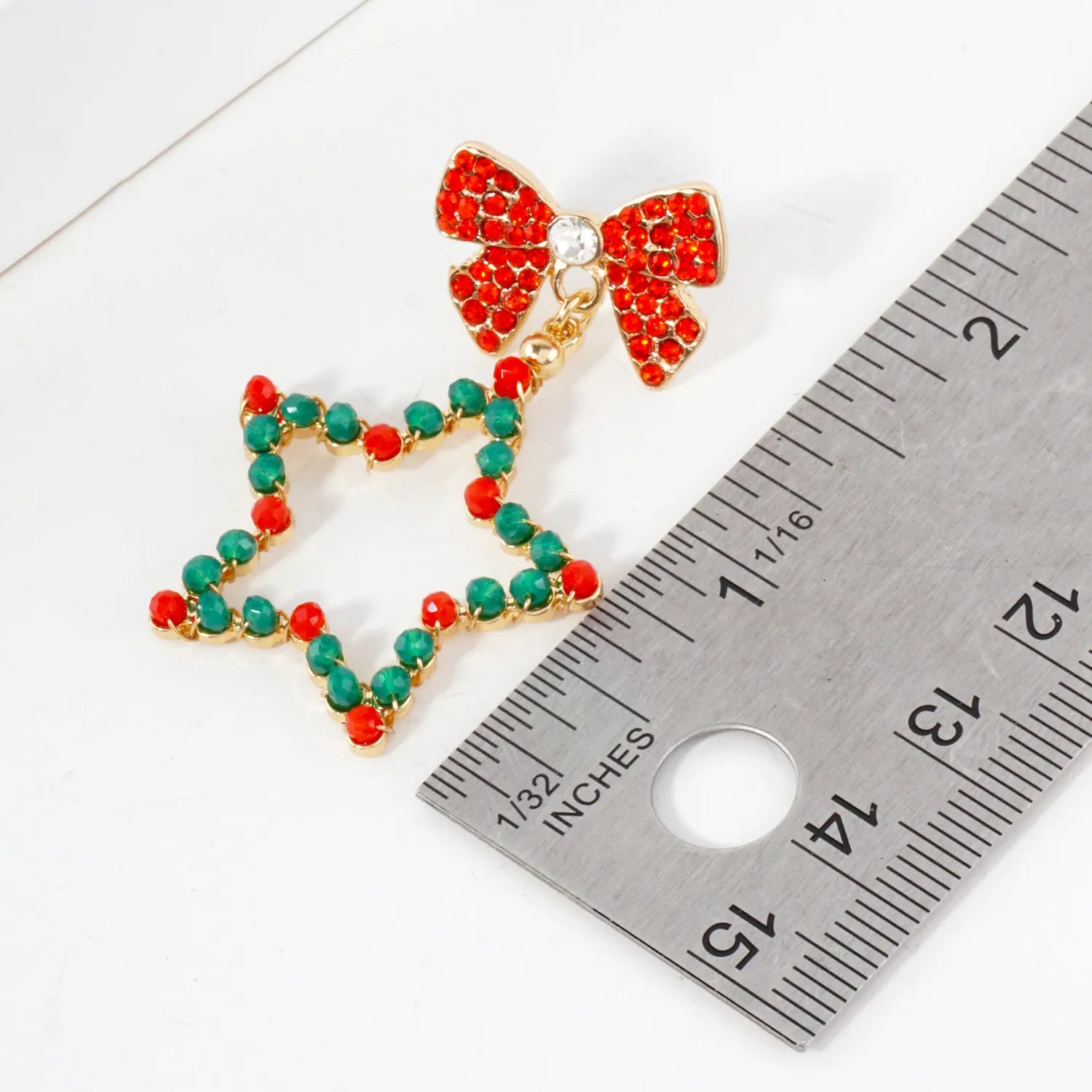 Glass Beaded Star Drop Crystal Pave Bow Christmas Earrings