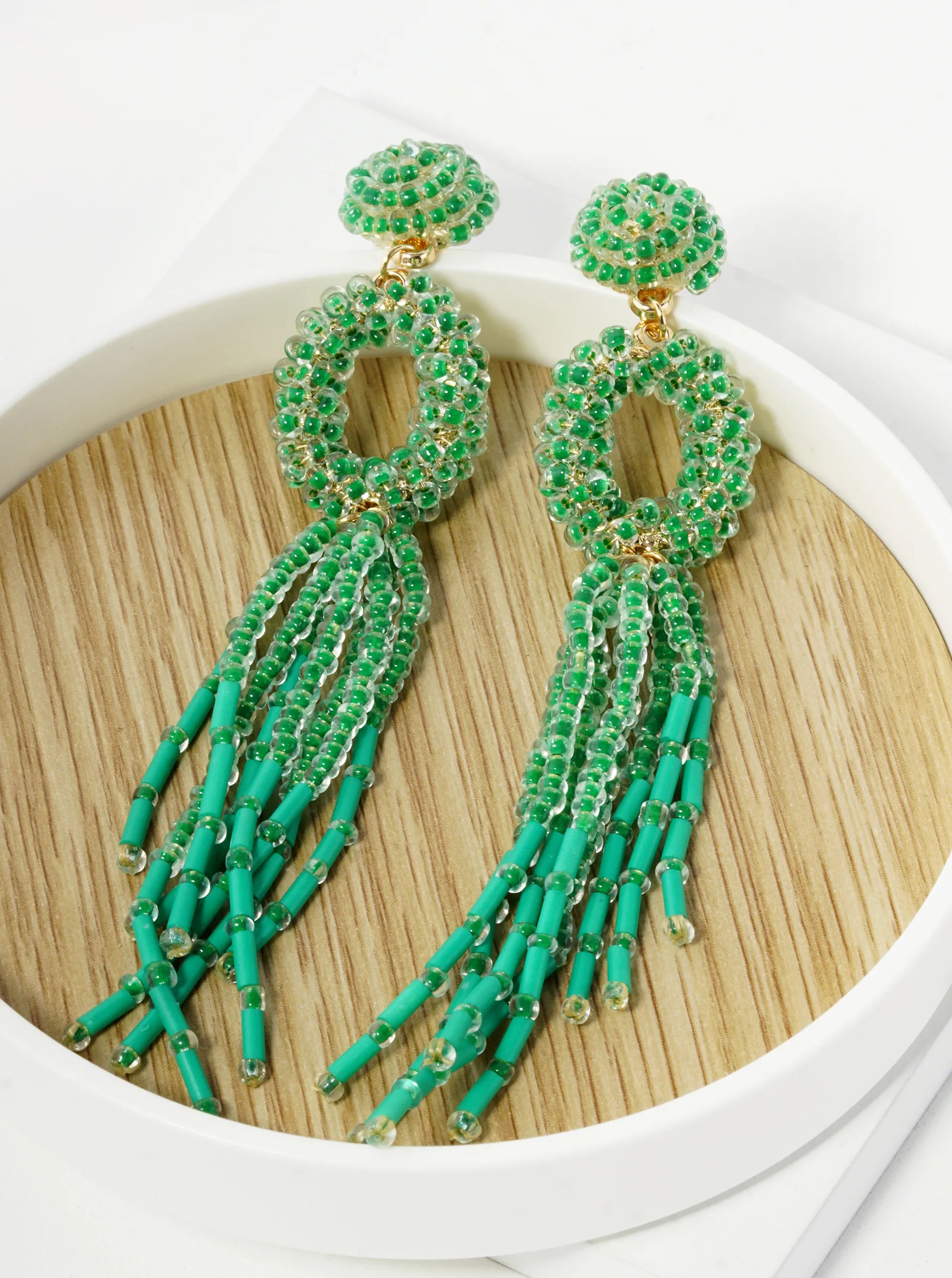 Glass Beaded Tassel Drop Statement Earrings
