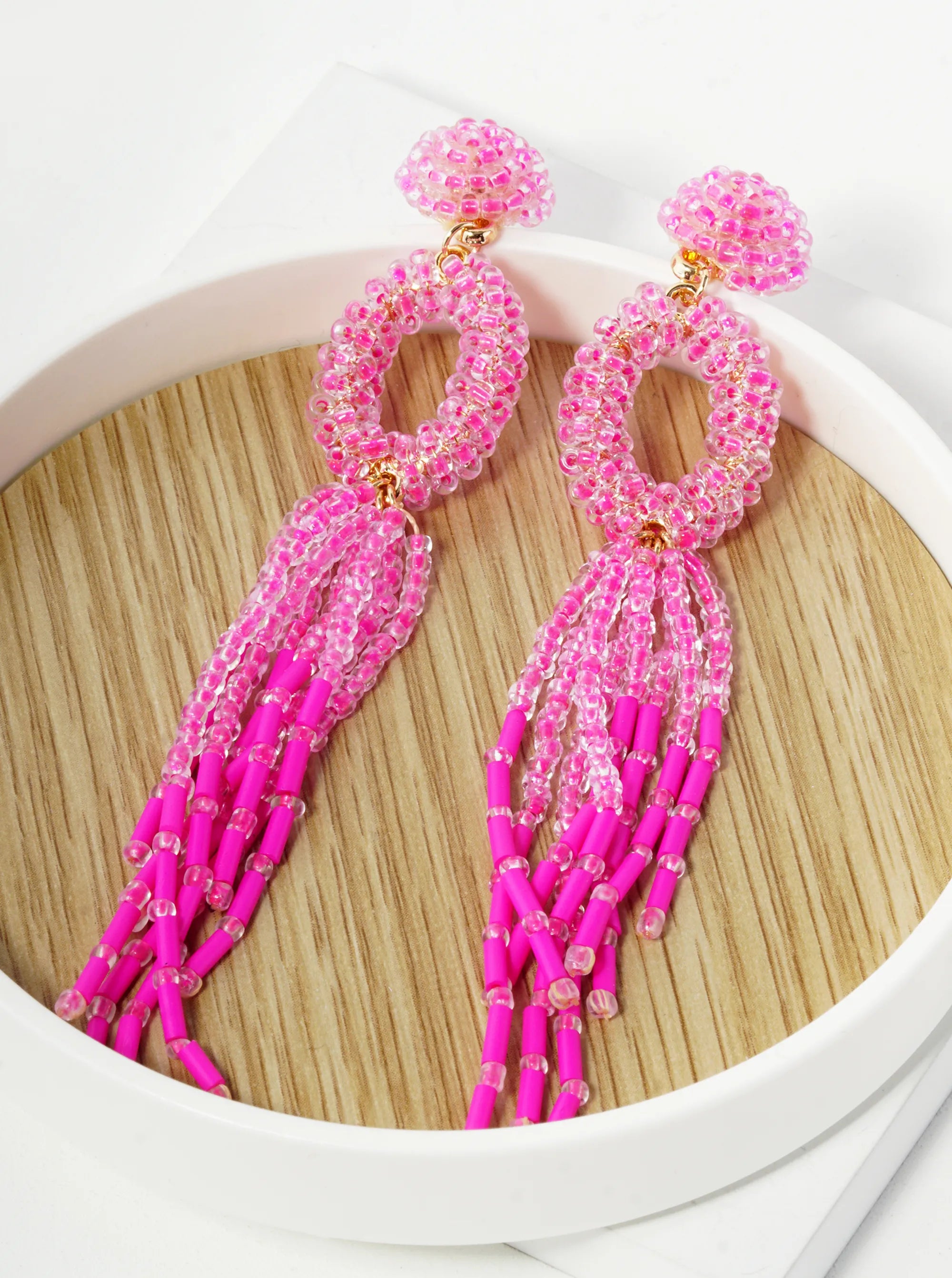 Glass Beaded Tassel Drop Statement Earrings