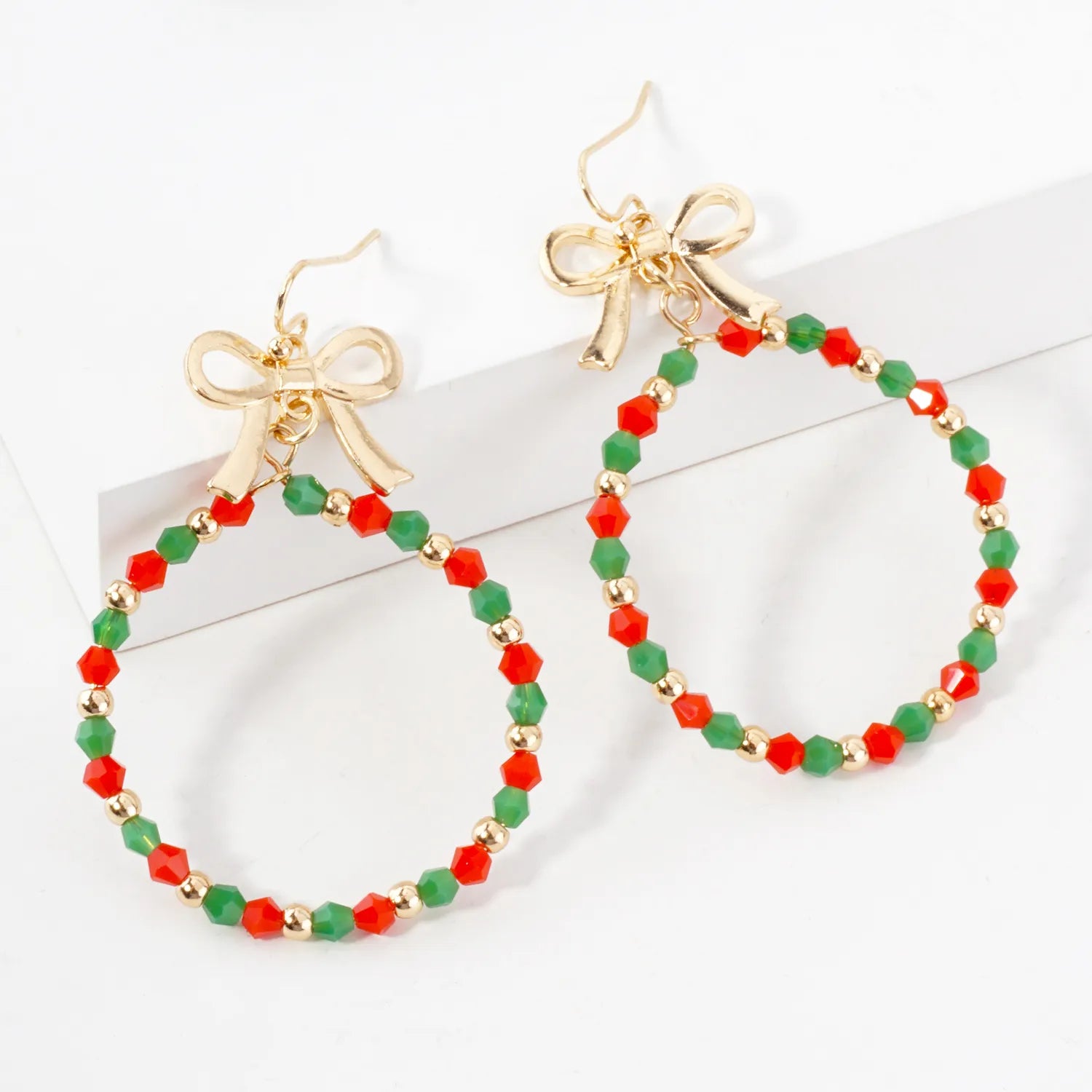Glass Beaded Wire Circle Drop Bow Christmas Earrings