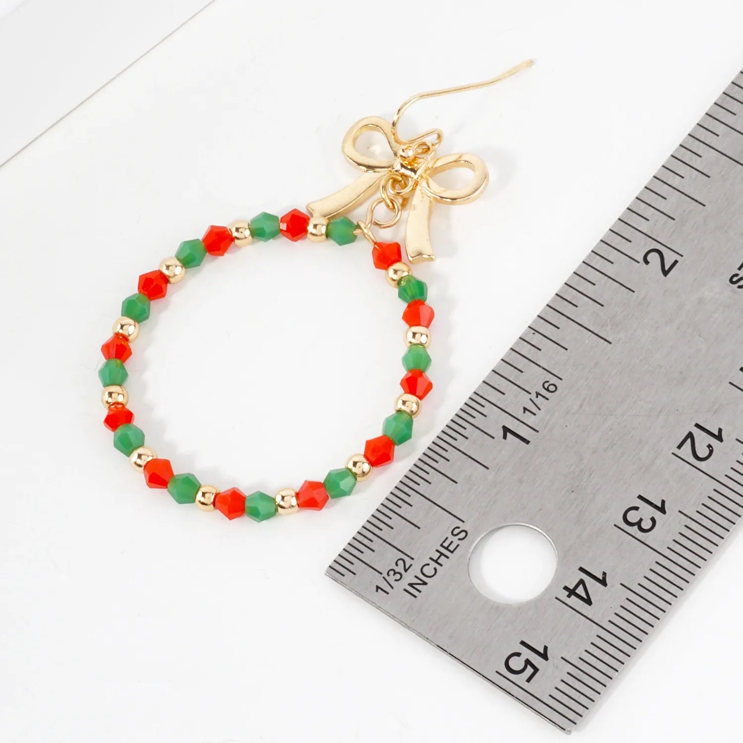 Glass Beaded Wire Circle Drop Bow Christmas Earrings