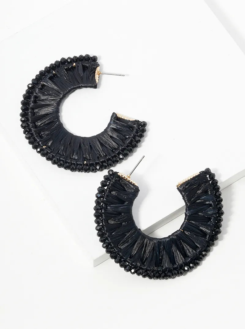 Glass Beads Raffia Wrapped Flat Wide Open Hoop Earrings