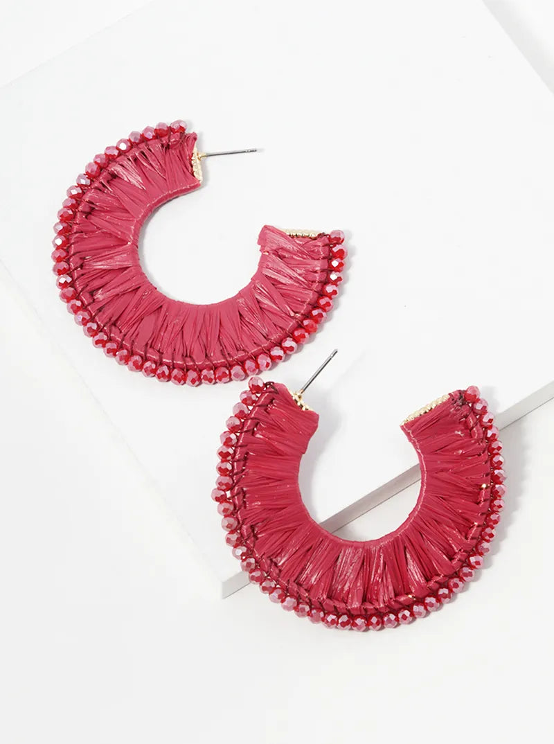 Glass Beads Raffia Wrapped Flat Wide Open Hoop Earrings