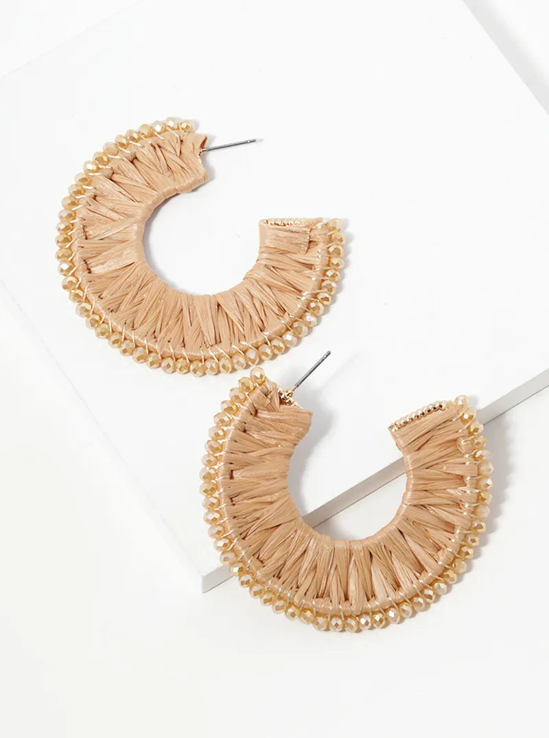 Glass Beads Raffia Wrapped Flat Wide Open Hoop Earrings