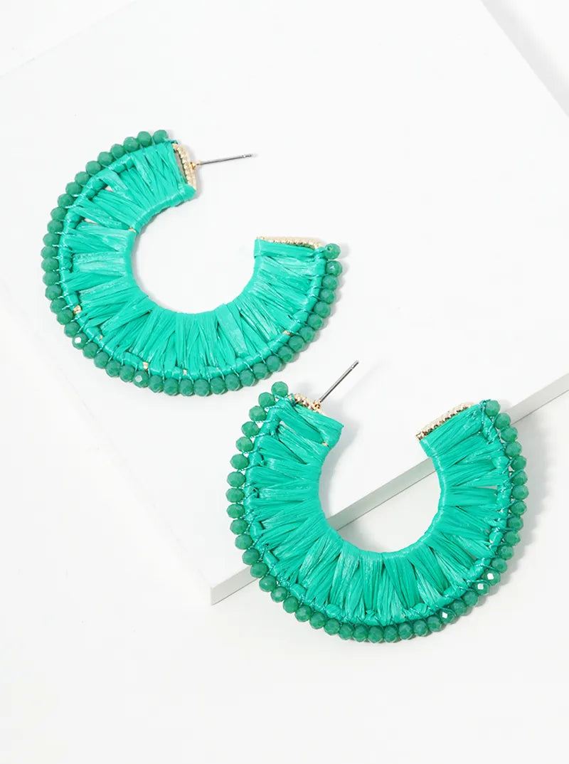 Glass Beads Raffia Wrapped Flat Wide Open Hoop Earrings