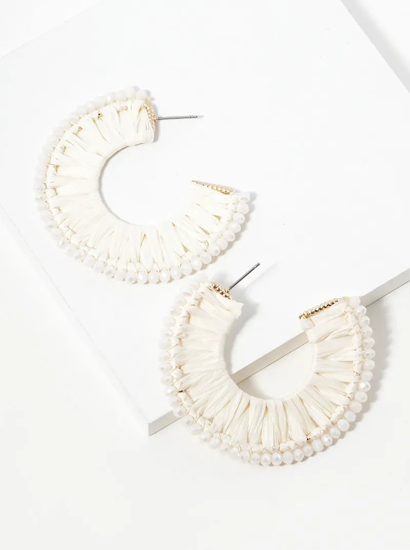 Glass Beads Raffia Wrapped Flat Wide Open Hoop Earrings