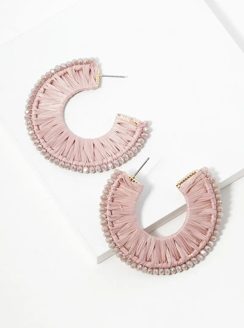 Glass Beads Raffia Wrapped Flat Wide Open Hoop Earrings