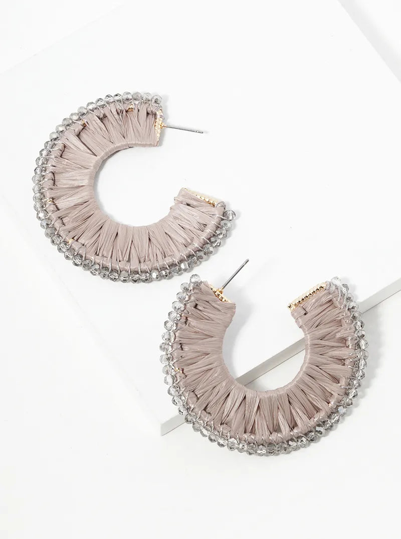 Glass Beads Raffia Wrapped Flat Wide Open Hoop Earrings