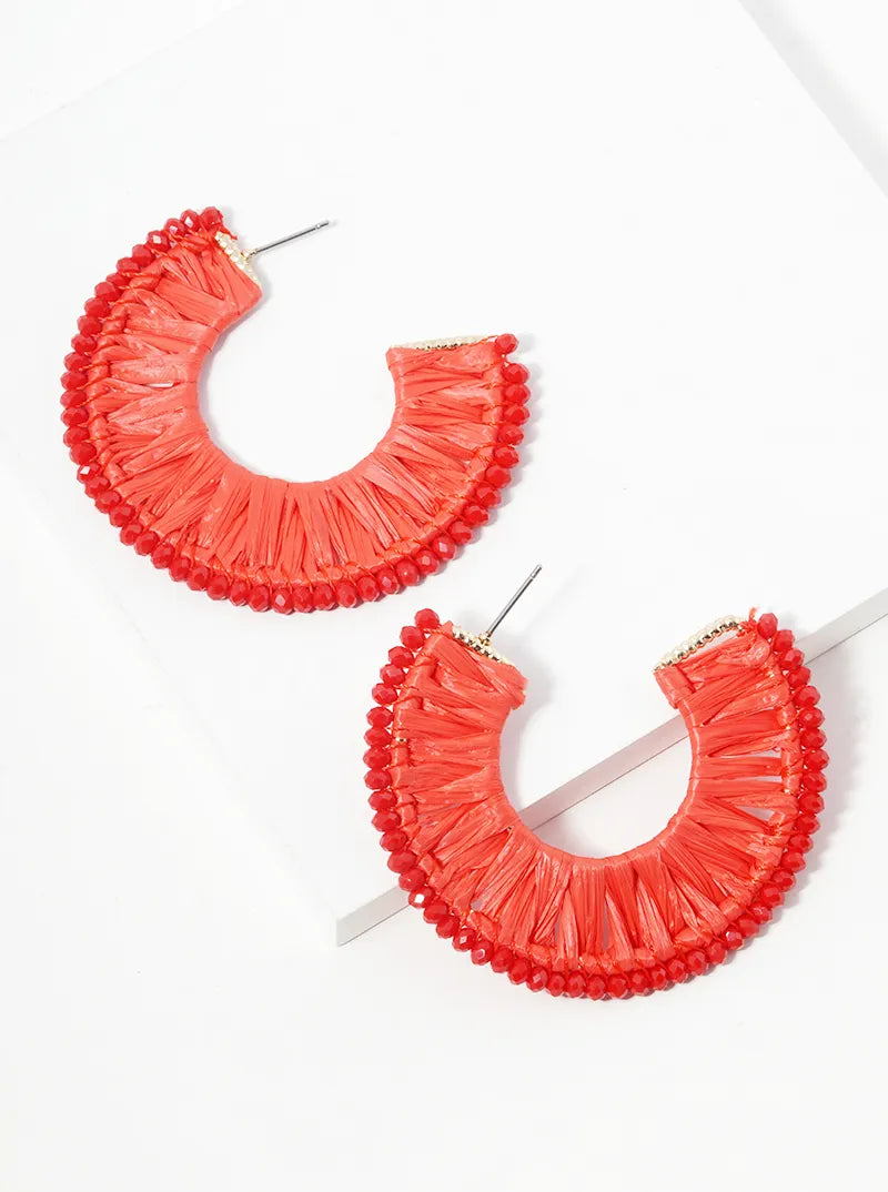 Glass Beads Raffia Wrapped Flat Wide Open Hoop Earrings