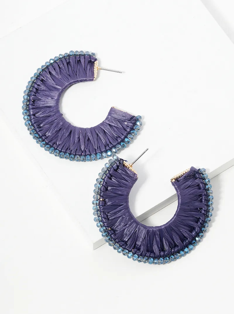 Glass Beads Raffia Wrapped Flat Wide Open Hoop Earrings