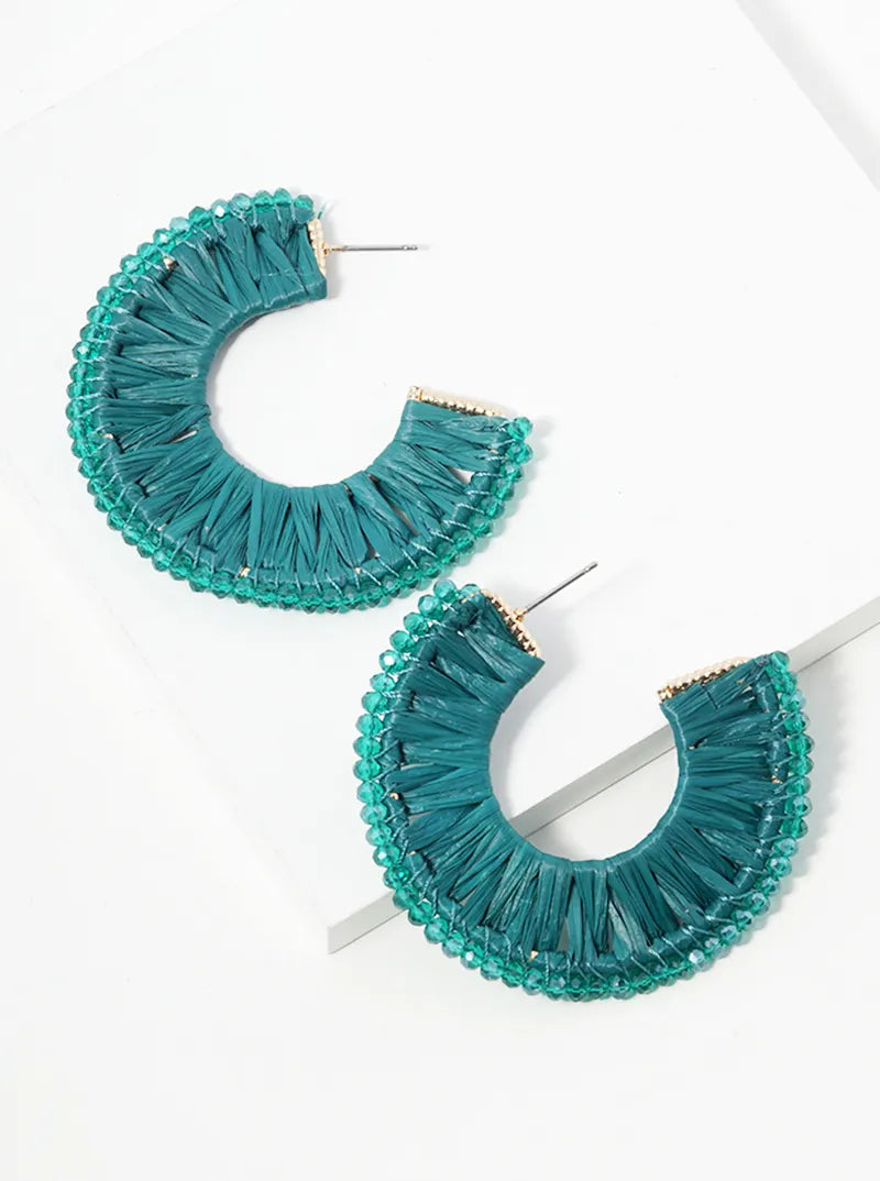 Glass Beads Raffia Wrapped Flat Wide Open Hoop Earrings