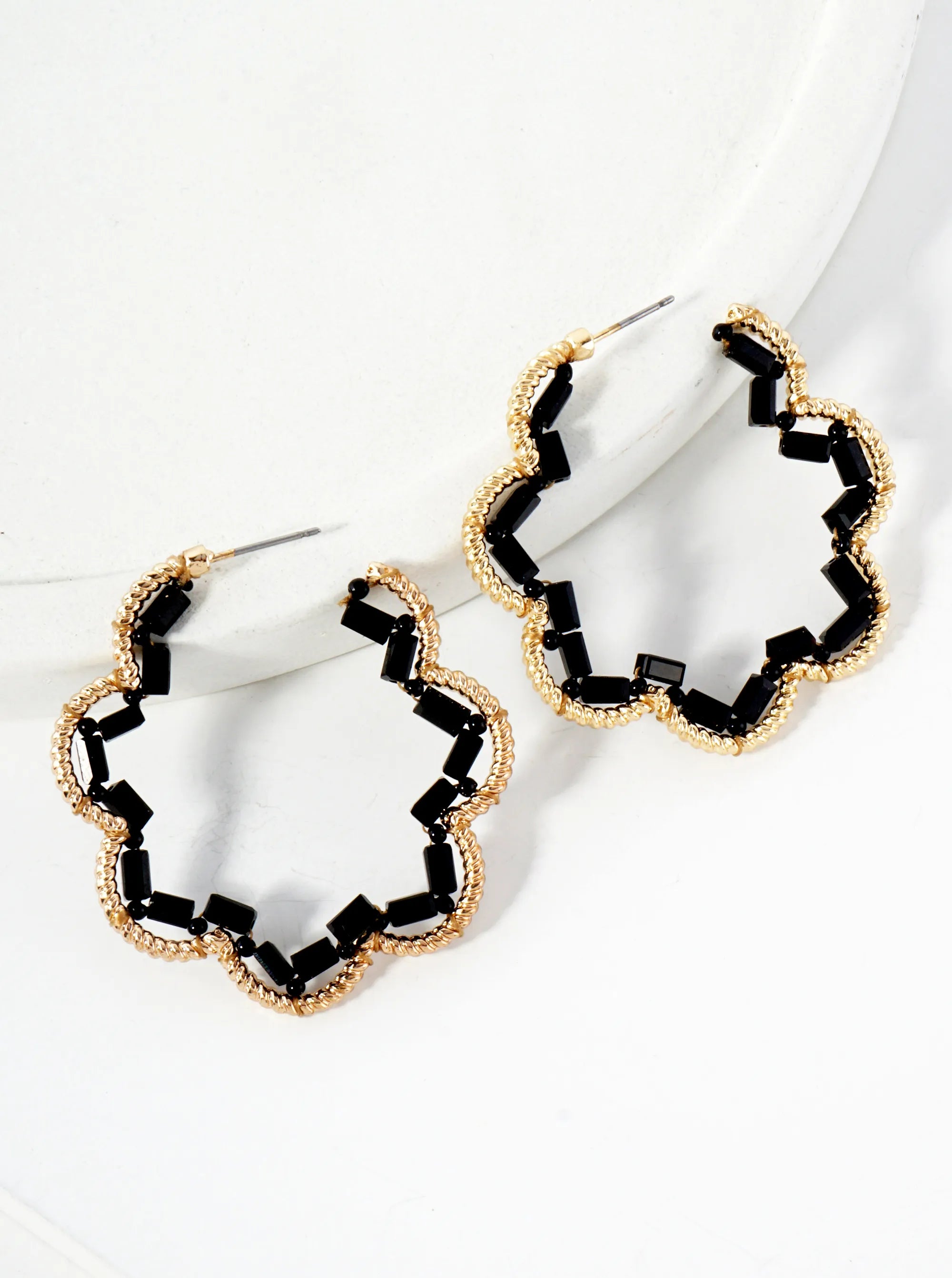 Glass-Beads Thread-Wrapped 45mm Floral Open Hoop Earrings