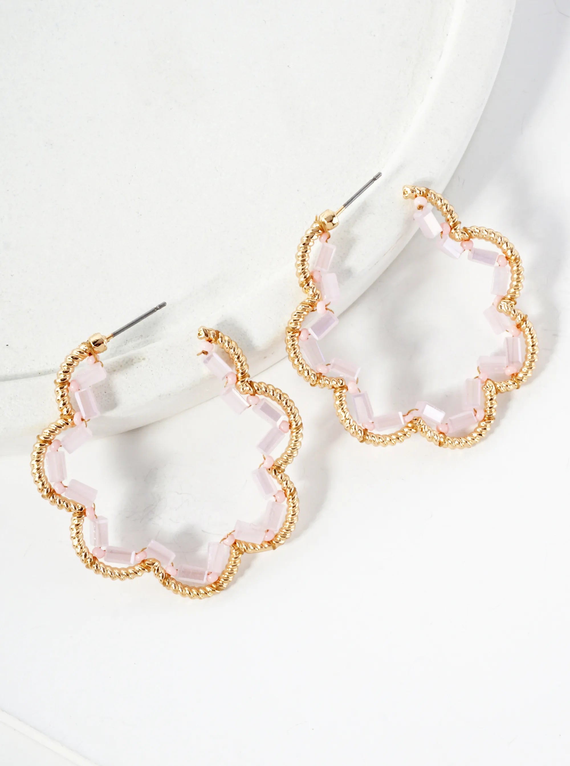 Glass-Beads Thread-Wrapped 45mm Floral Open Hoop Earrings
