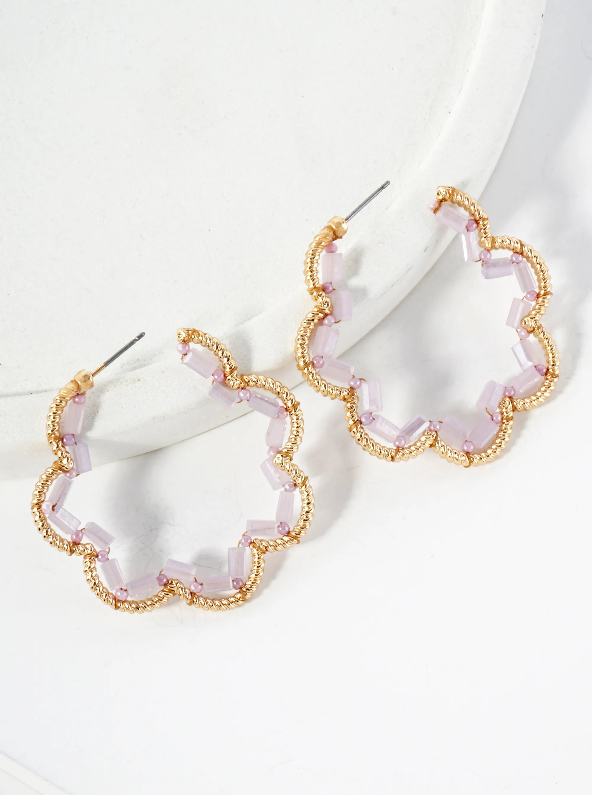 Glass-Beads Thread-Wrapped 45mm Floral Open Hoop Earrings