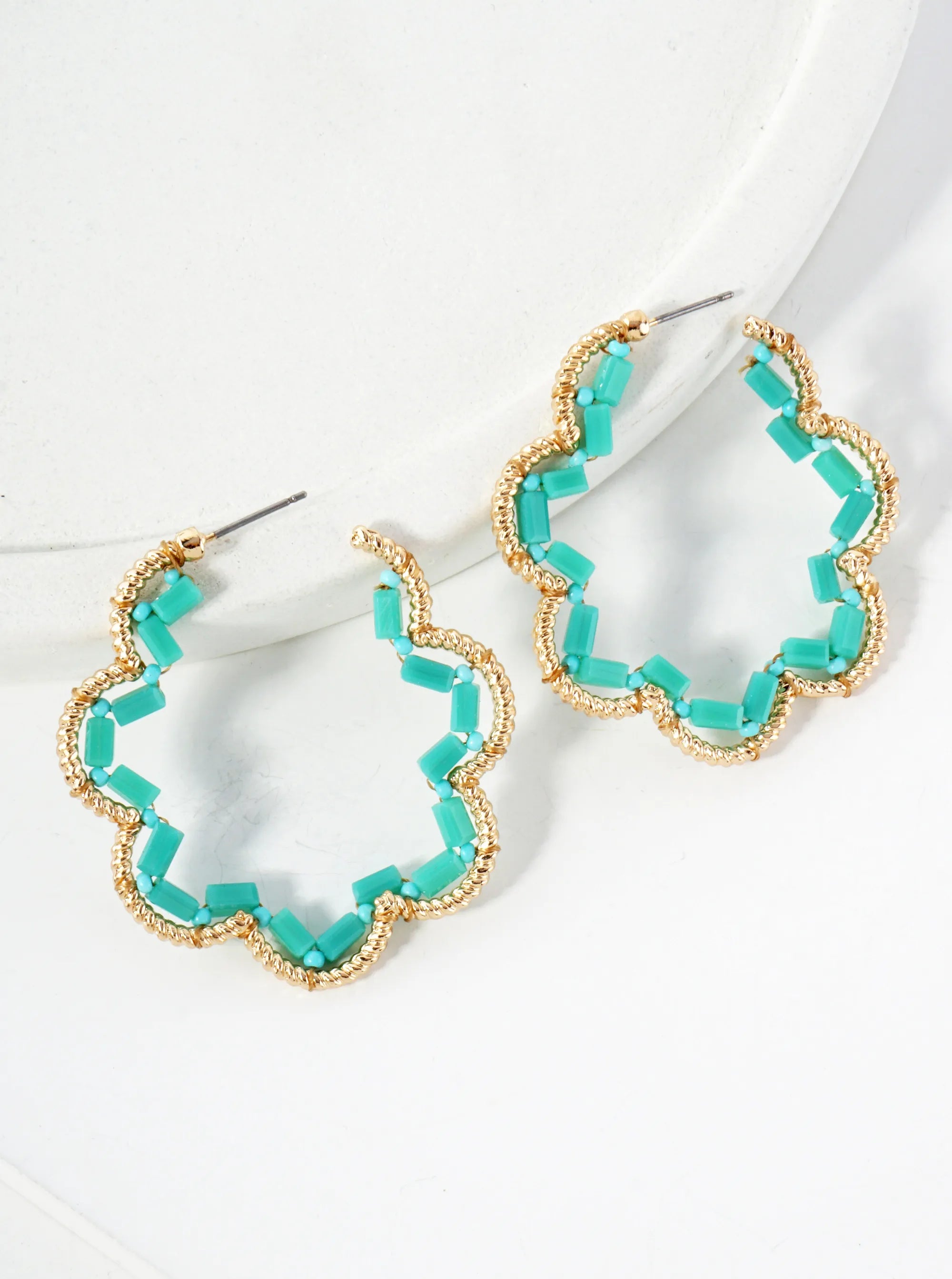 Glass-Beads Thread-Wrapped 45mm Floral Open Hoop Earrings