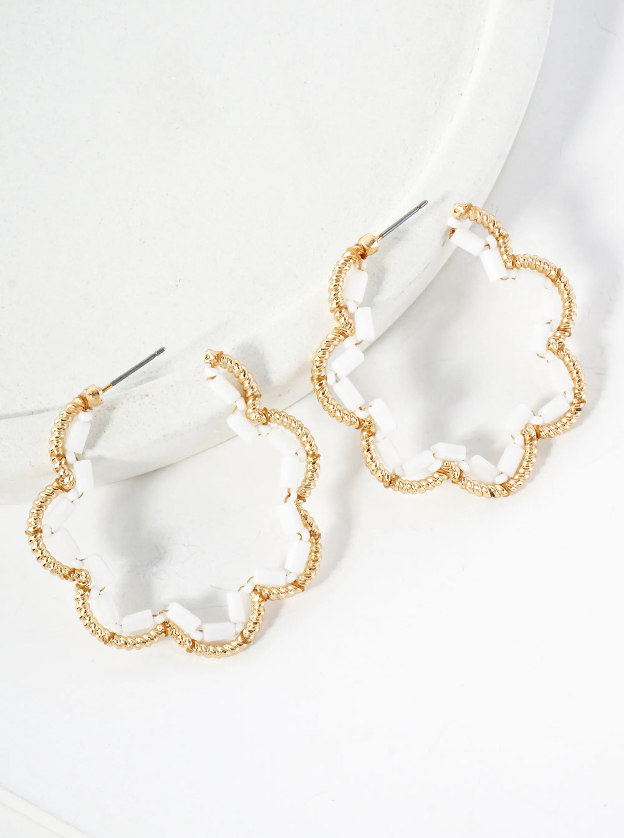 Glass-Beads Thread-Wrapped 45mm Floral Open Hoop Earrings