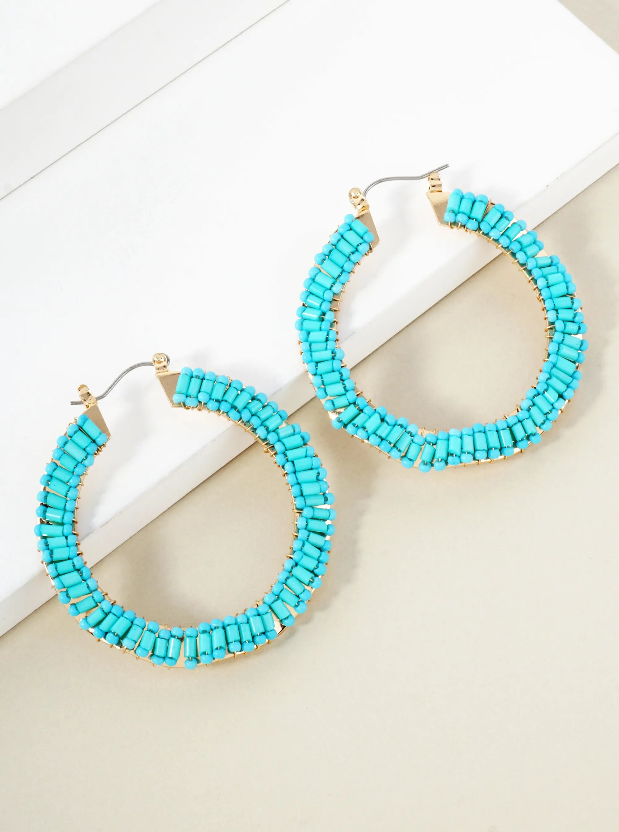 Glass-Beads Wire-Wrapped 50mm Wavy Hinged Hoop Earrings