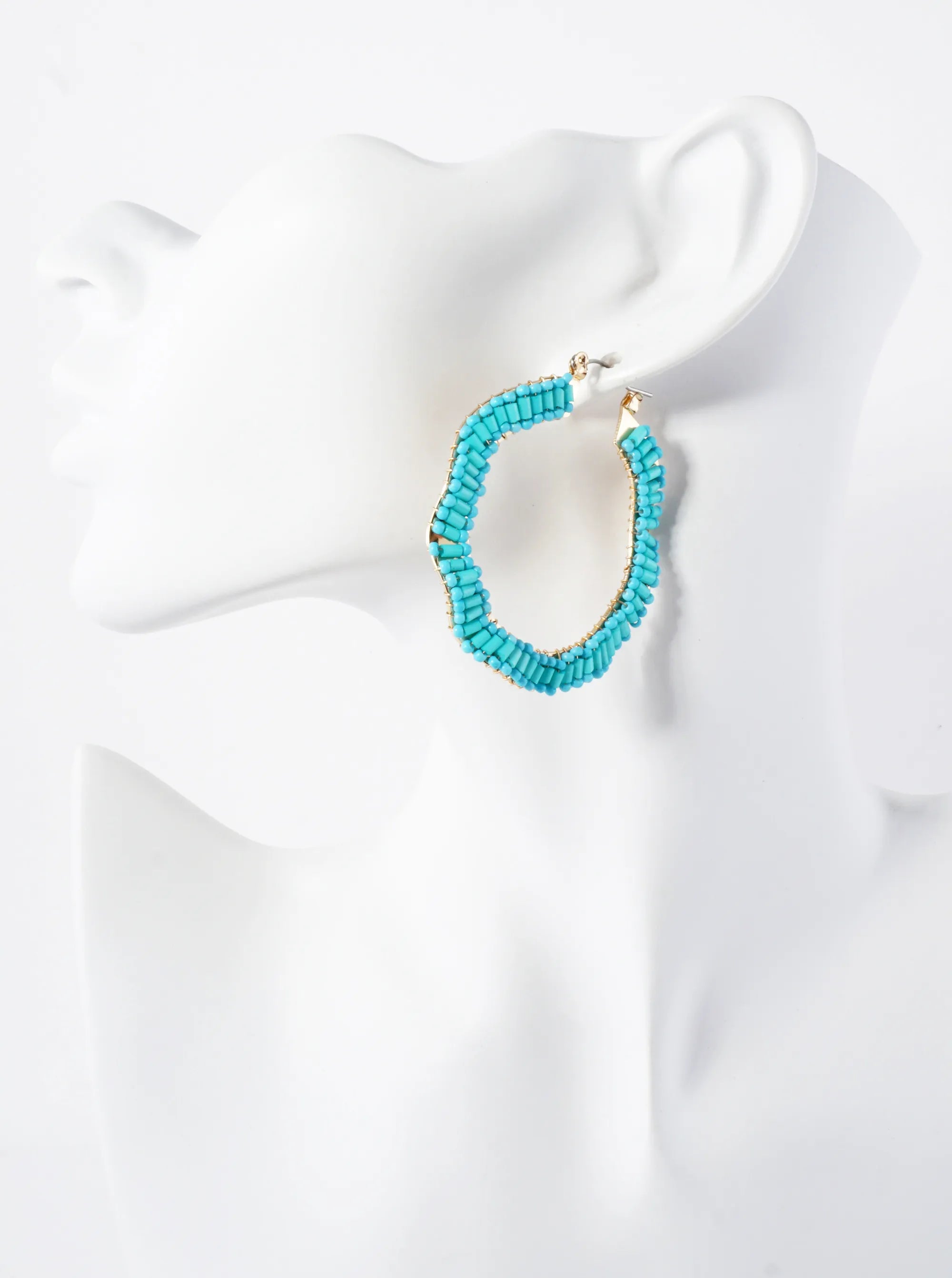 Glass-Beads Wire-Wrapped 50mm Wavy Hinged Hoop Earrings