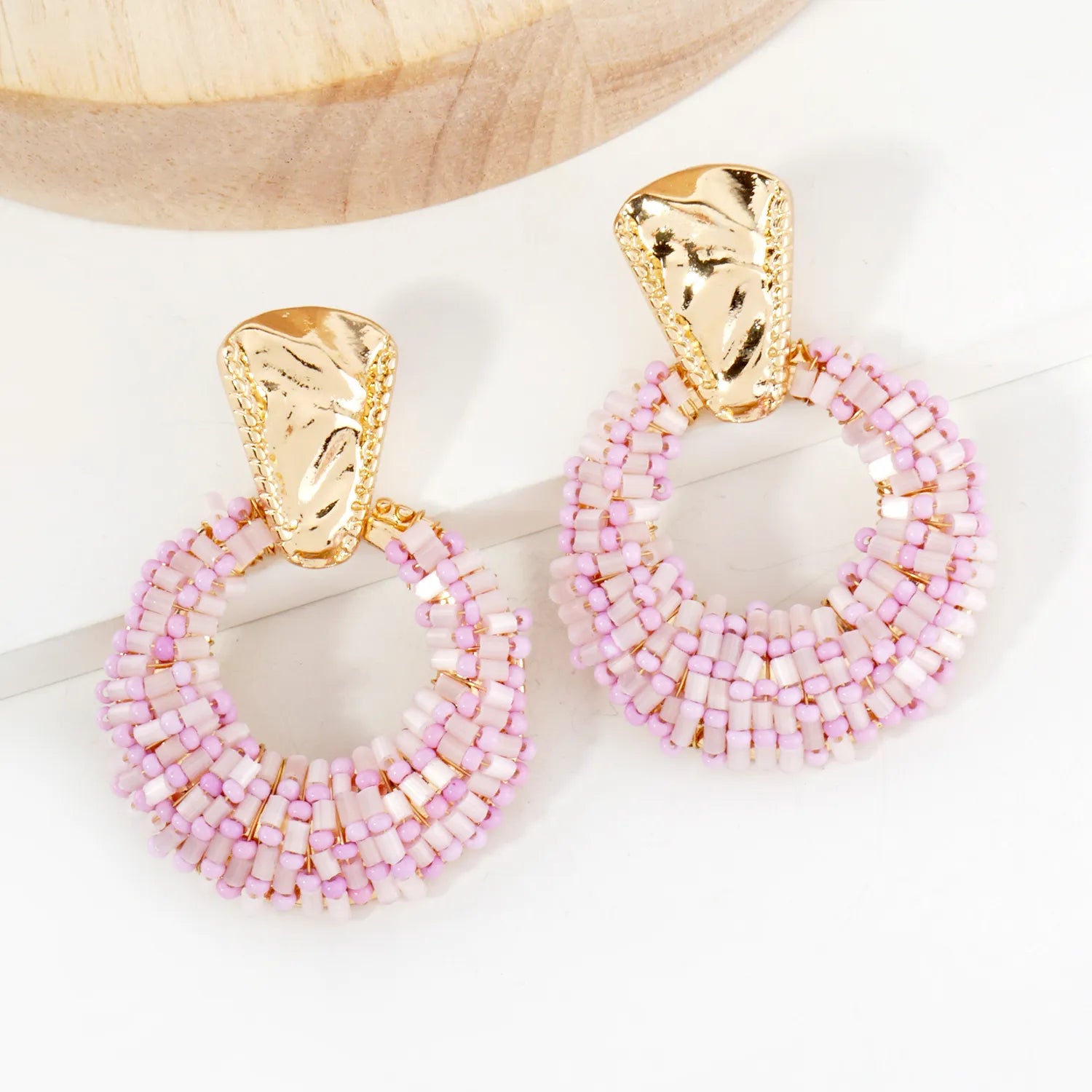 Glass Beads Wire Wrapped Circle Drop Doorknocker Earrings