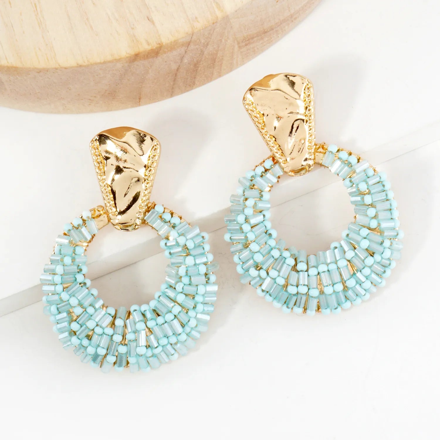 Glass Beads Wire Wrapped Circle Drop Doorknocker Earrings