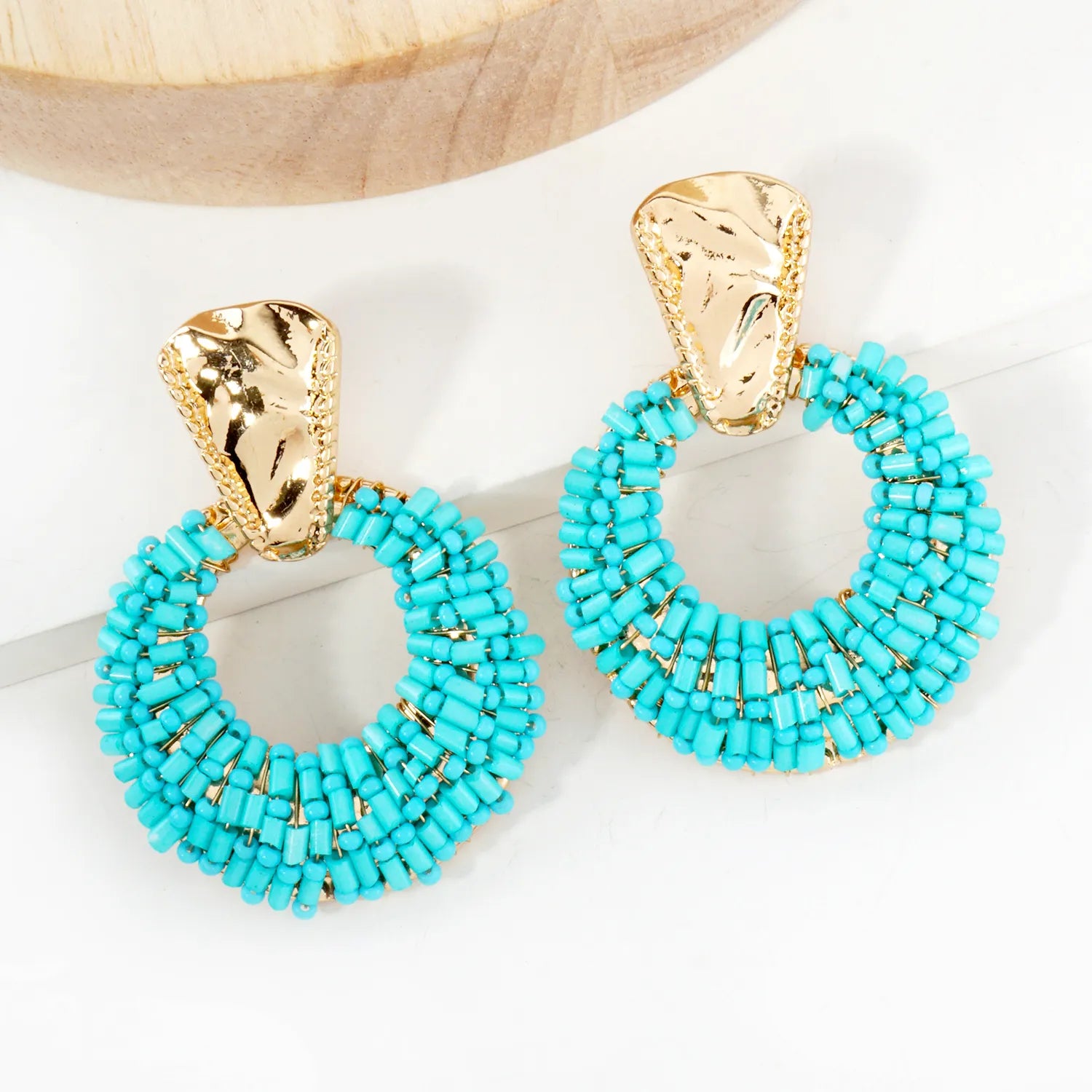 Glass Beads Wire Wrapped Circle Drop Doorknocker Earrings