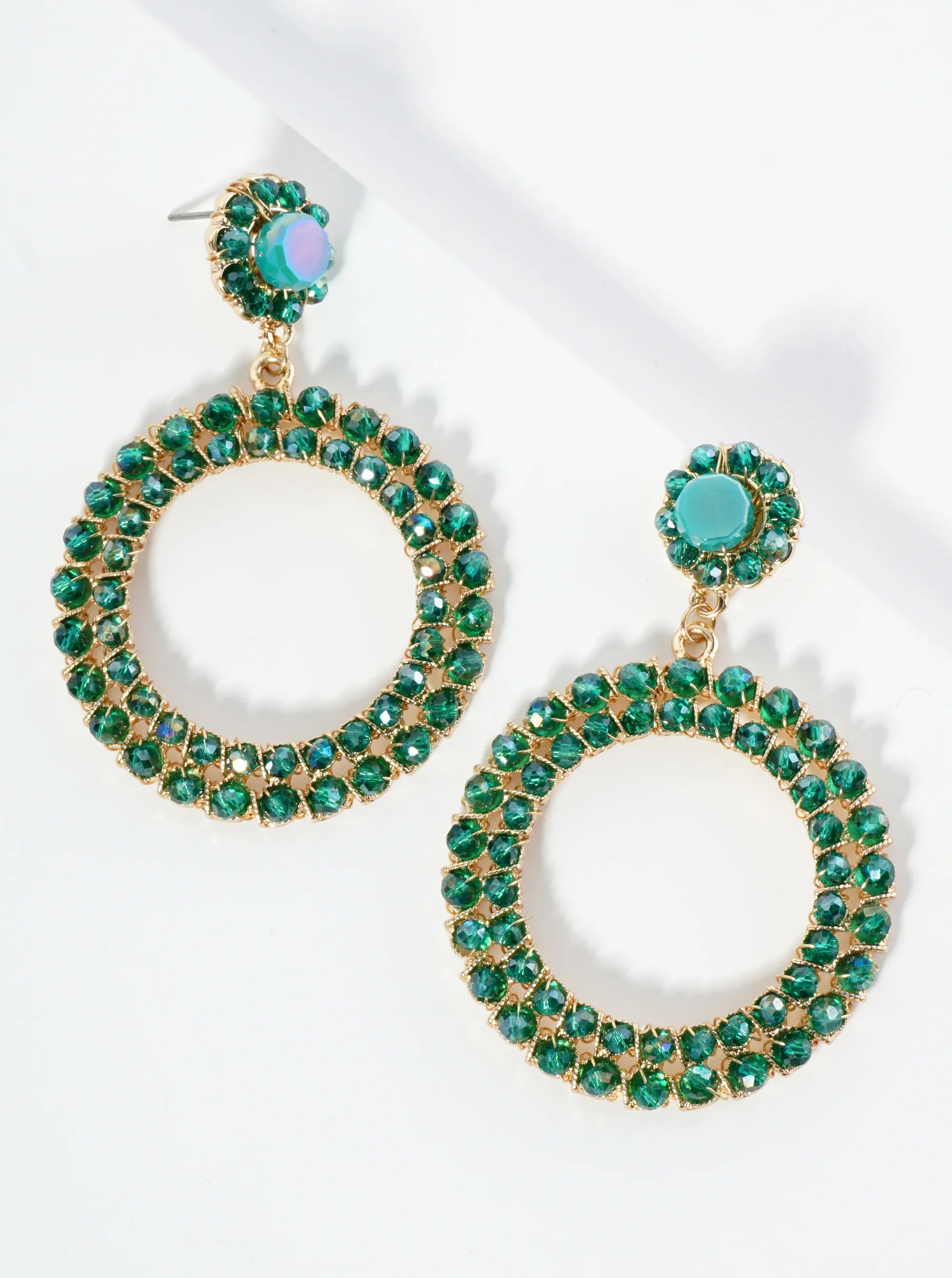Glass Beads Wire Wrapped Circle Drop Statement Earrings