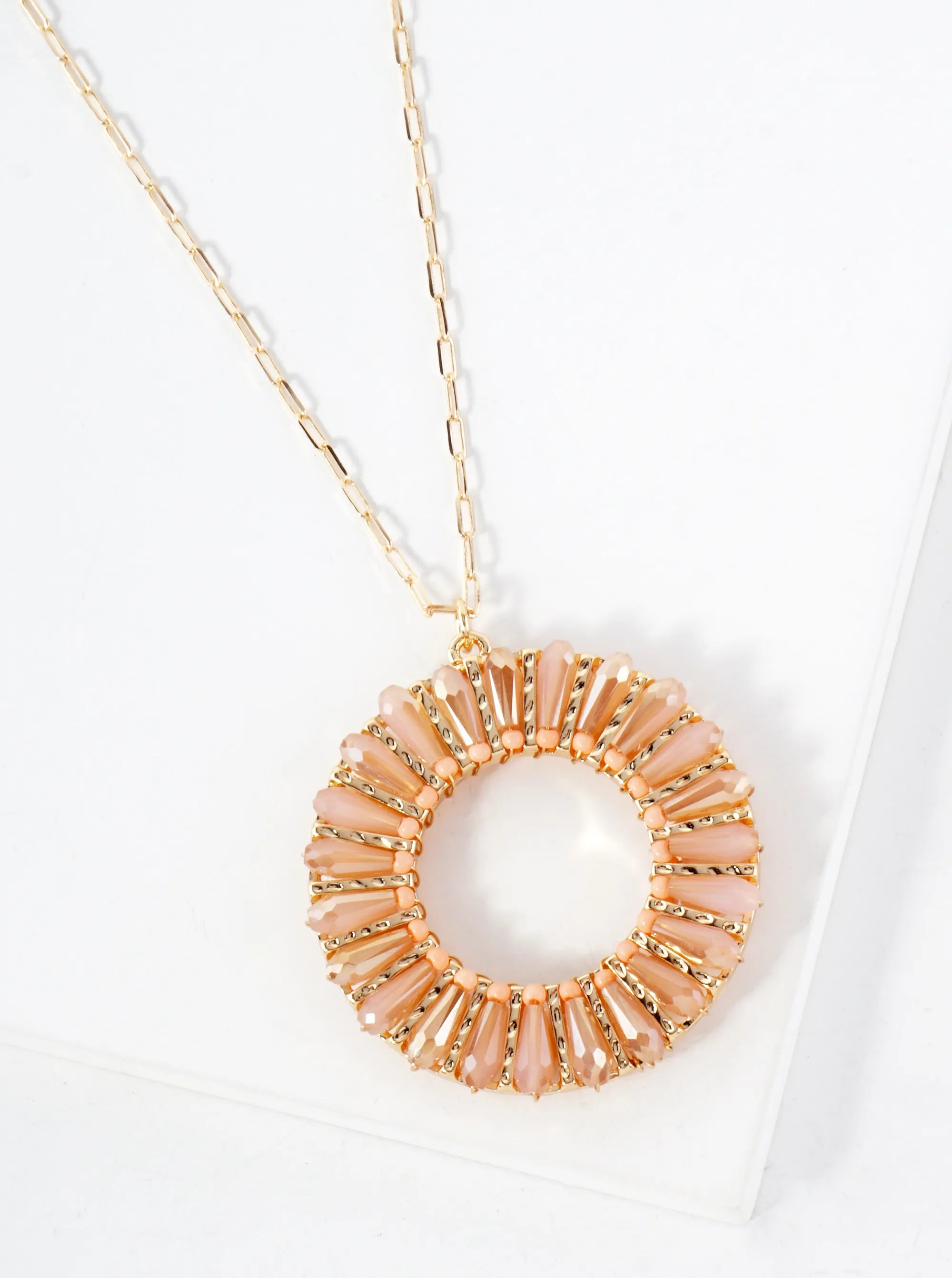 Glass-Beads Wire-Wrapped Circle Pendant 30-inch Long Necklace