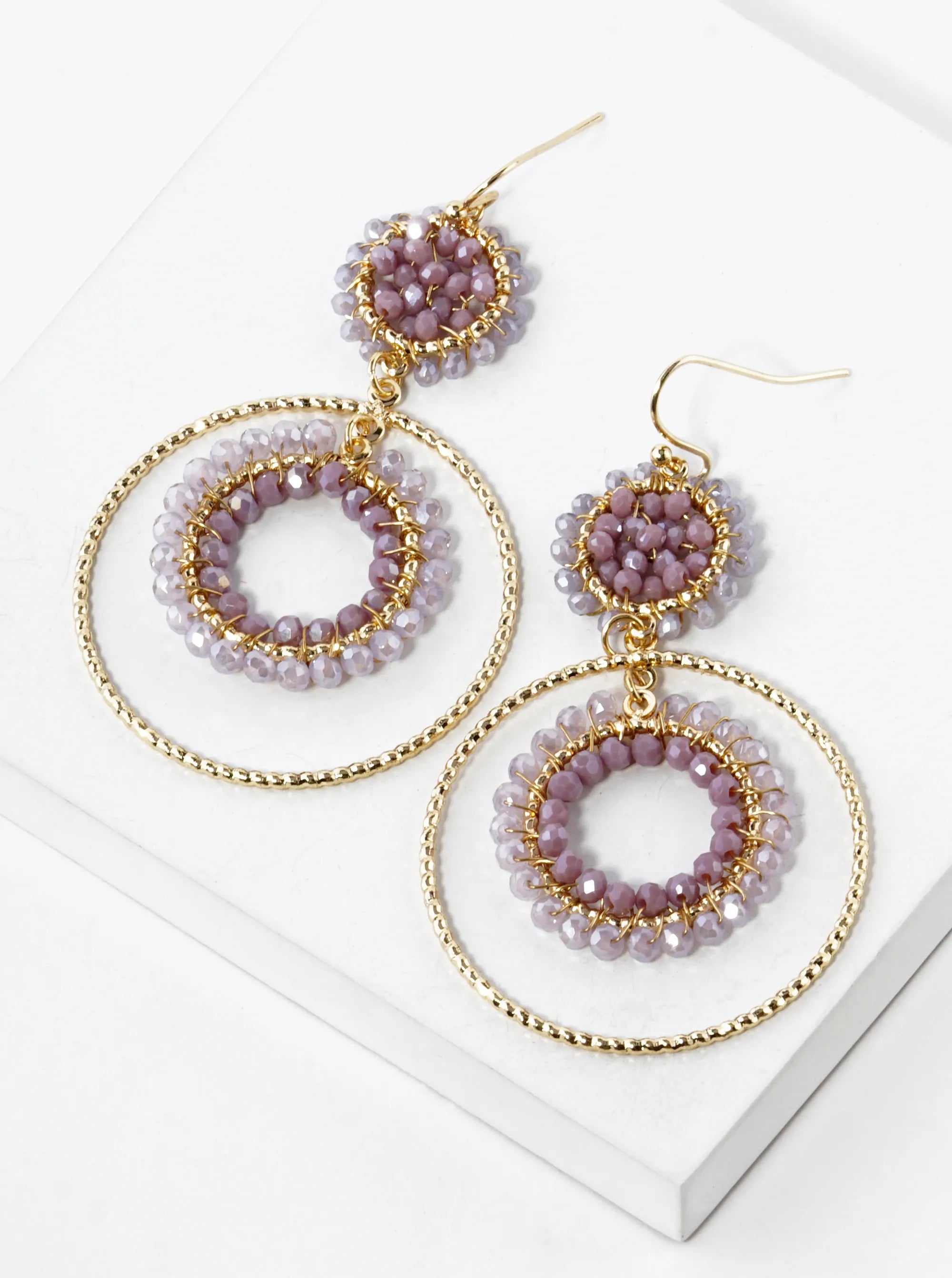 Glass Beads Wire Wrapped Double Circle Drop Earrings