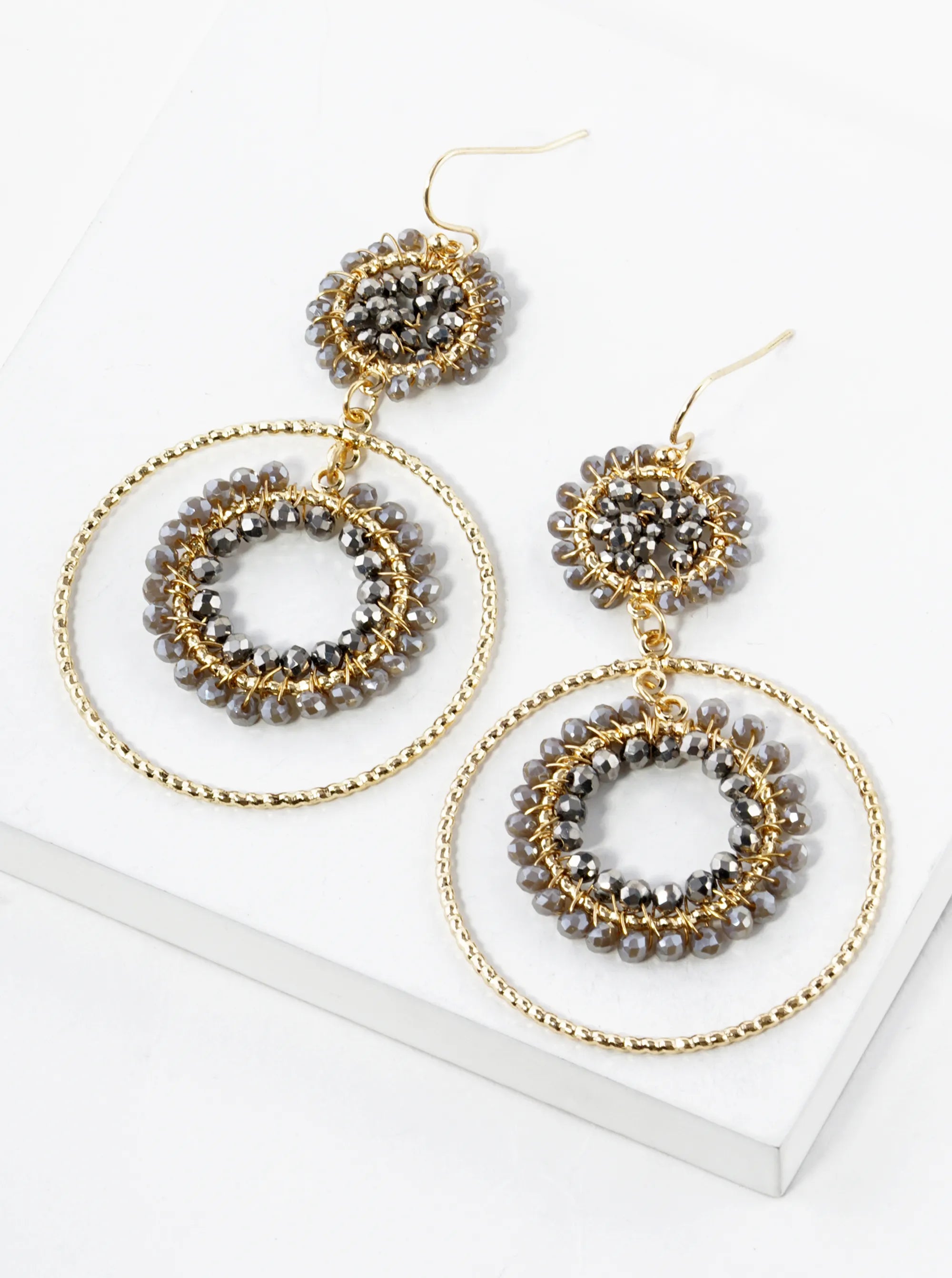 Glass Beads Wire Wrapped Double Circle Drop Earrings