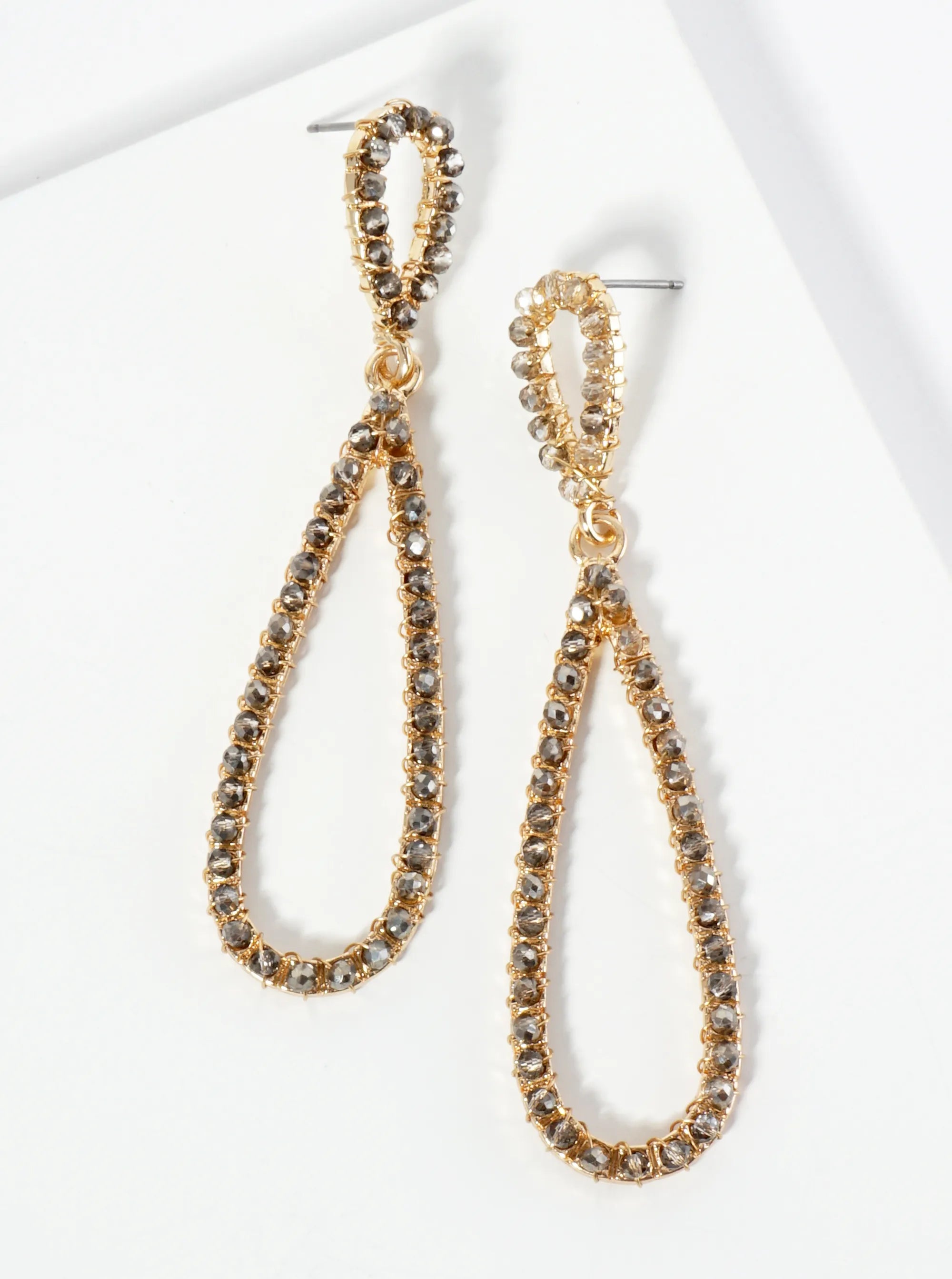 Glass Beads Wire Wrapped Elongated Double Teardrop Dangle Post Earrings