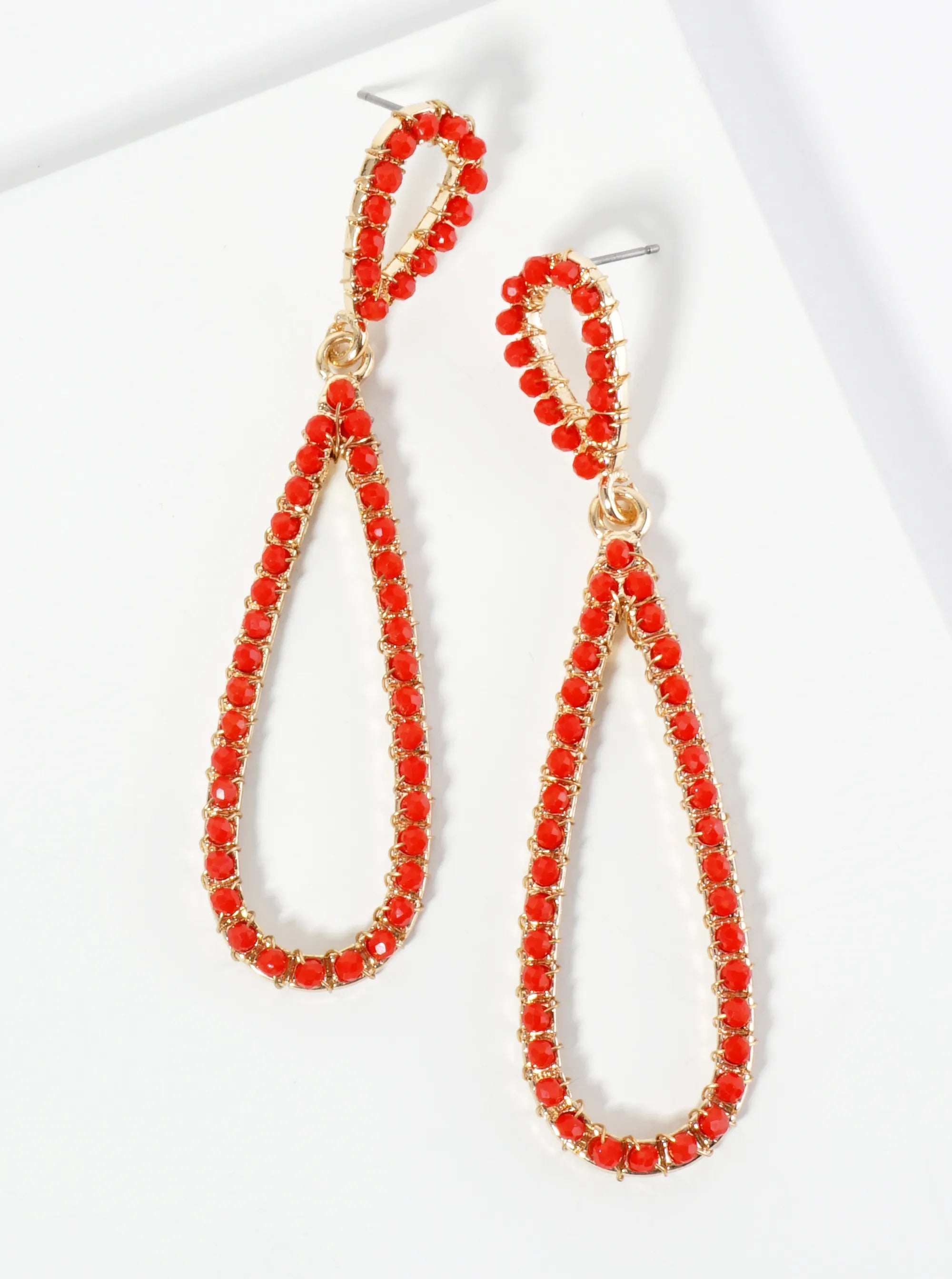 Glass Beads Wire Wrapped Elongated Double Teardrop Dangle Post Earrings