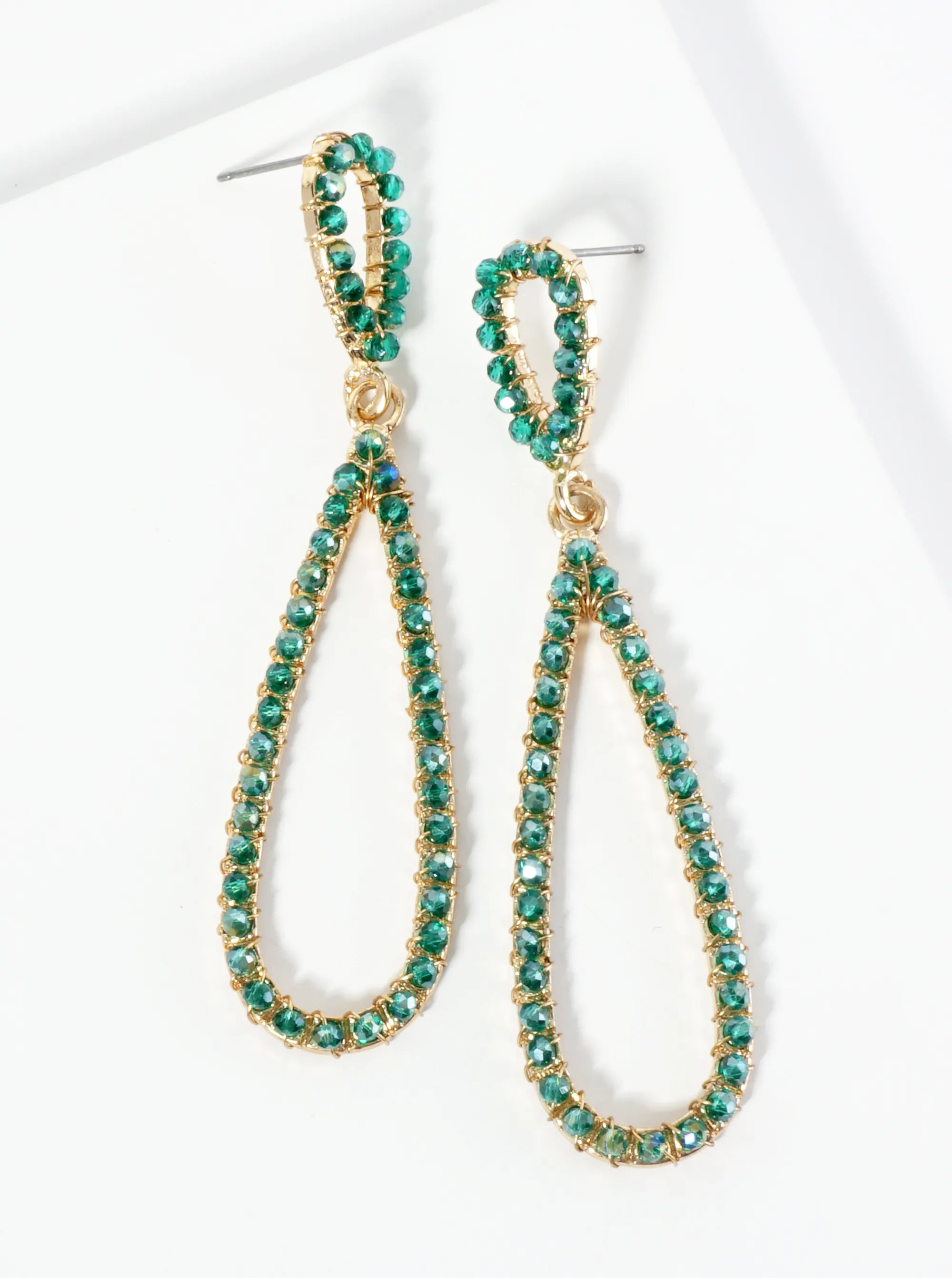 Glass Beads Wire Wrapped Elongated Double Teardrop Dangle Post Earrings