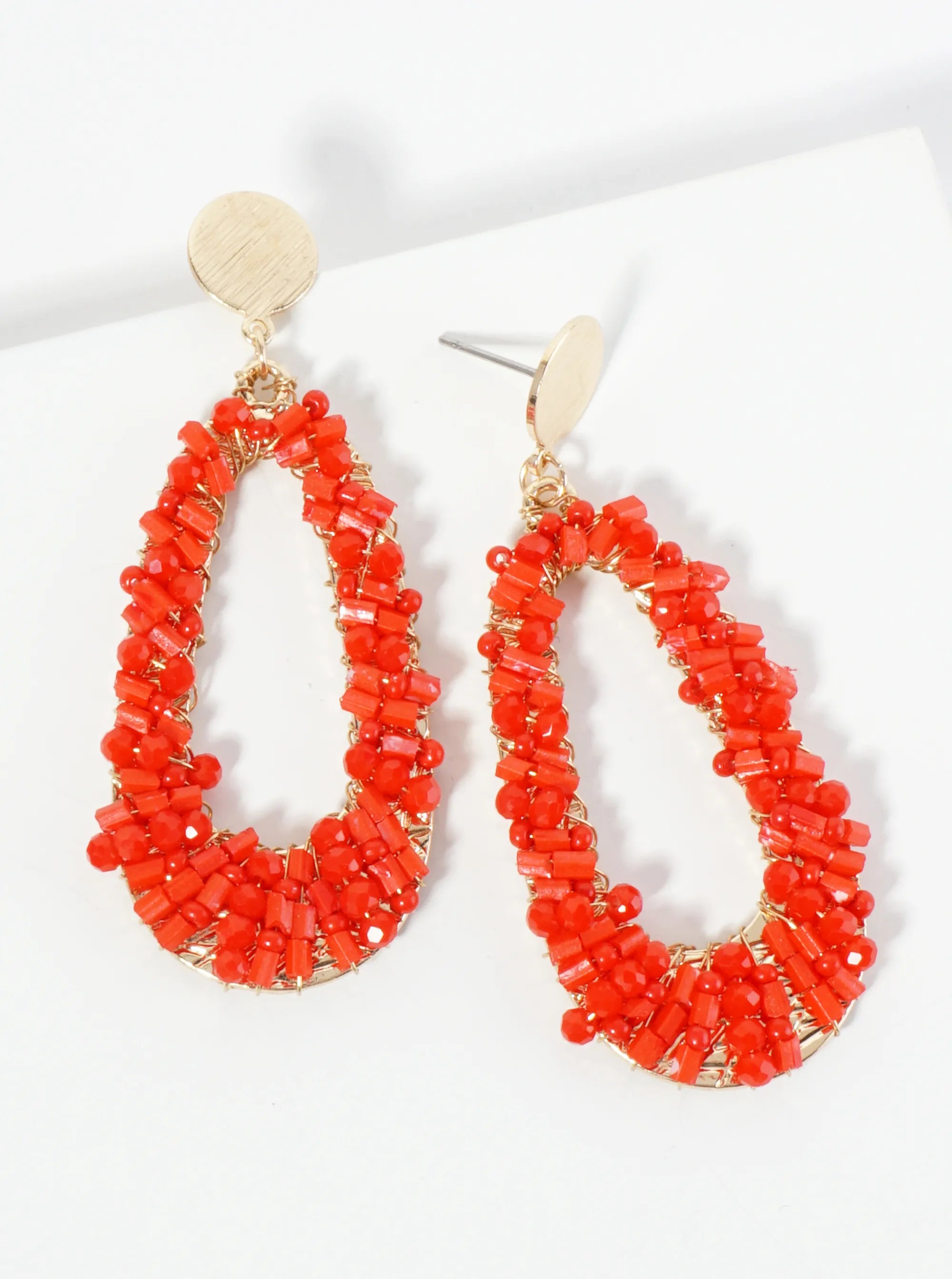 Glass Beads Wire Wrapped Elongated Teardrop Dangle Post Earrings