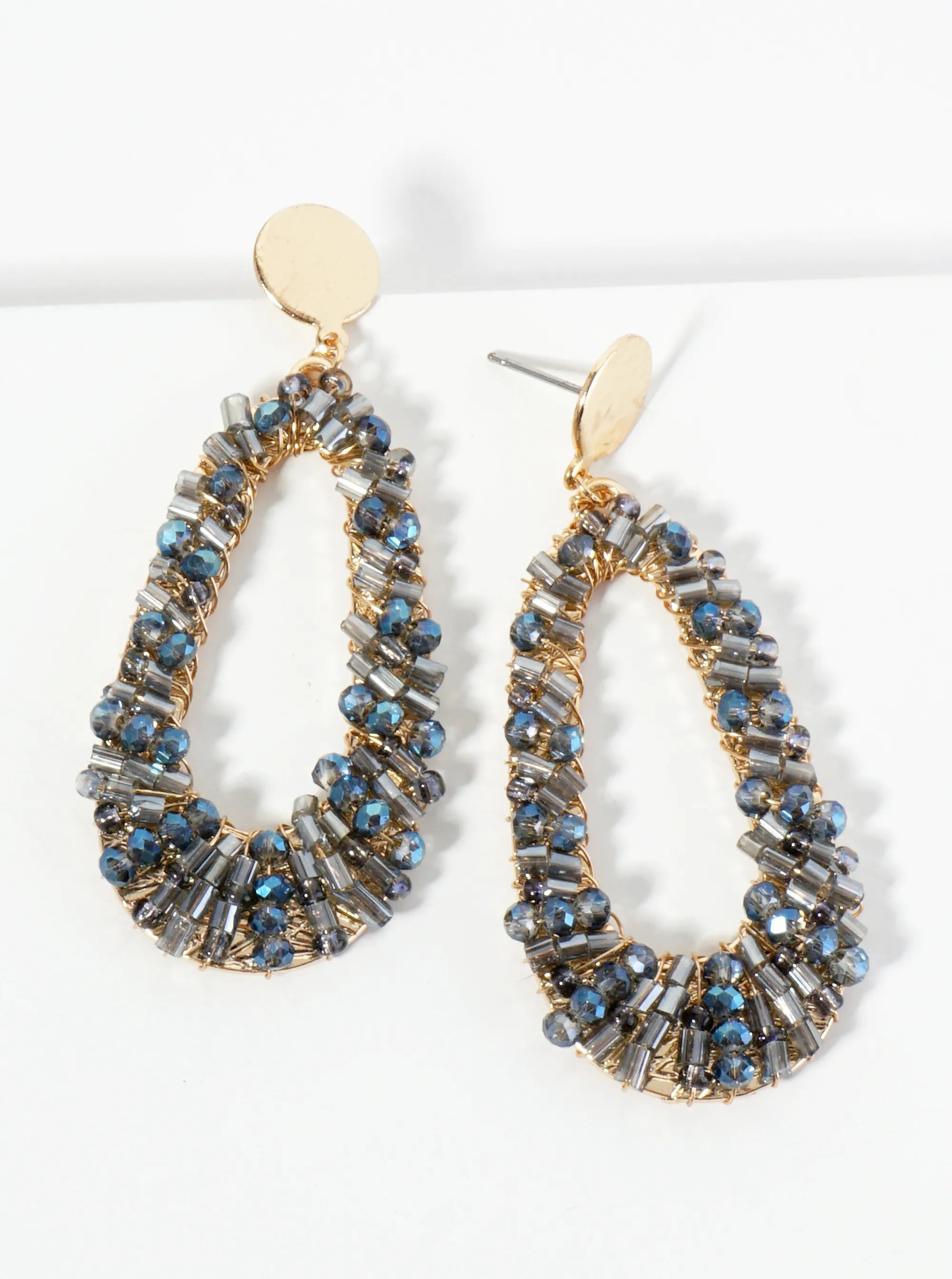 Glass Beads Wire Wrapped Elongated Teardrop Dangle Post Earrings