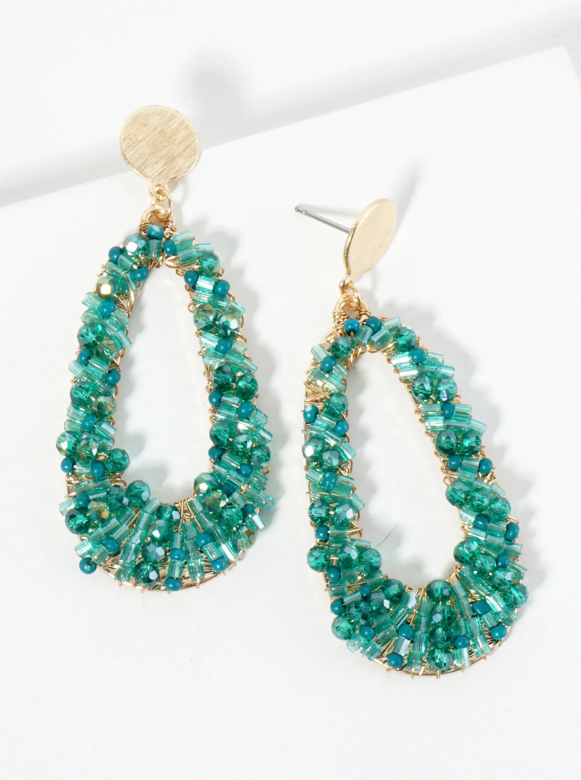 Glass Beads Wire Wrapped Elongated Teardrop Dangle Post Earrings