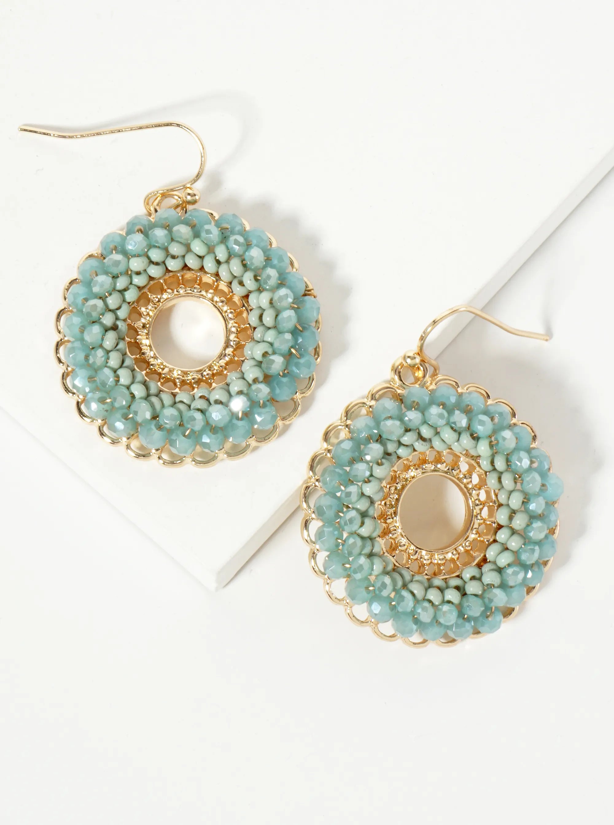 Glass Beads Wire Wrapped Filigree Circle Dangle Earrings