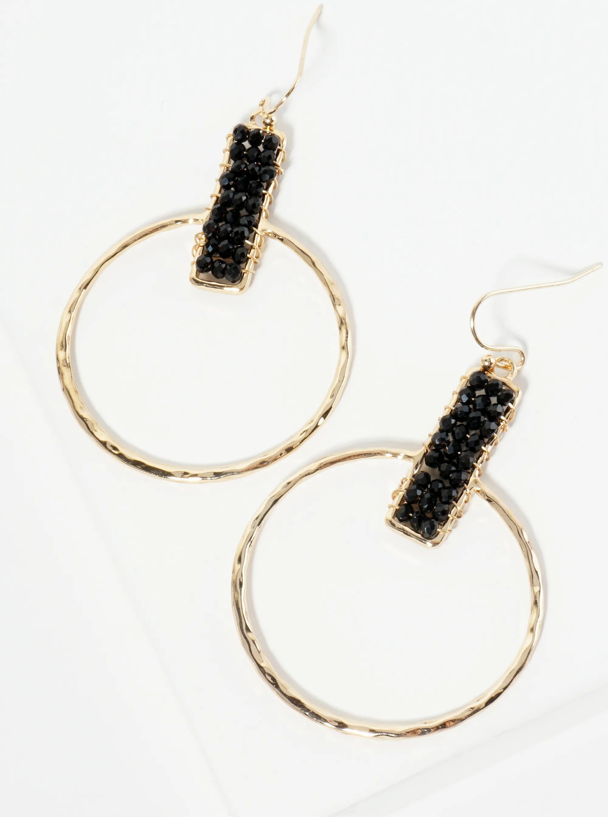 Glass Beads Wire Wrapped Hammered Circle Drop Earrings