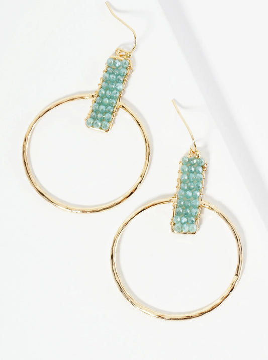 Glass Beads Wire Wrapped Hammered Circle Drop Earrings